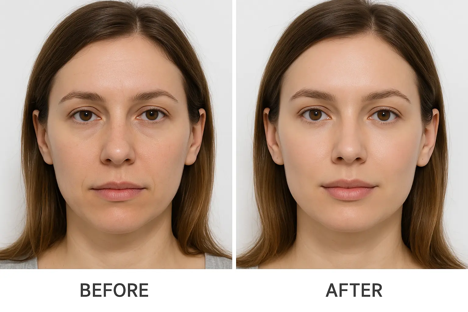 Side-by-side before and after comparison of a woman's mid-face showing improved contour and symmetry after facial balancing treatment.
