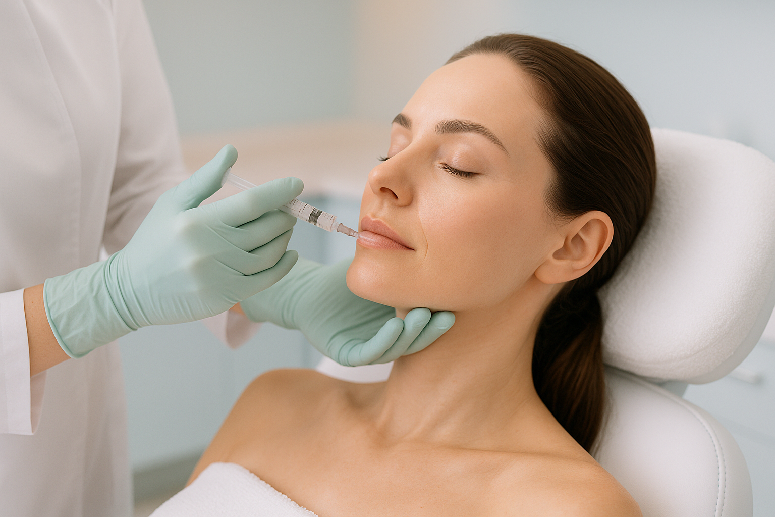 A woman undergoing mid-face contouring treatment in a clinical setting highlighting facial symmetry and aesthetic enhancement.
