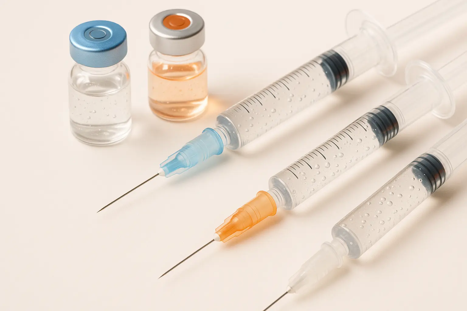 An array of dermal filler products is used for facial balancing, highlighting their pharmaceutical quality.