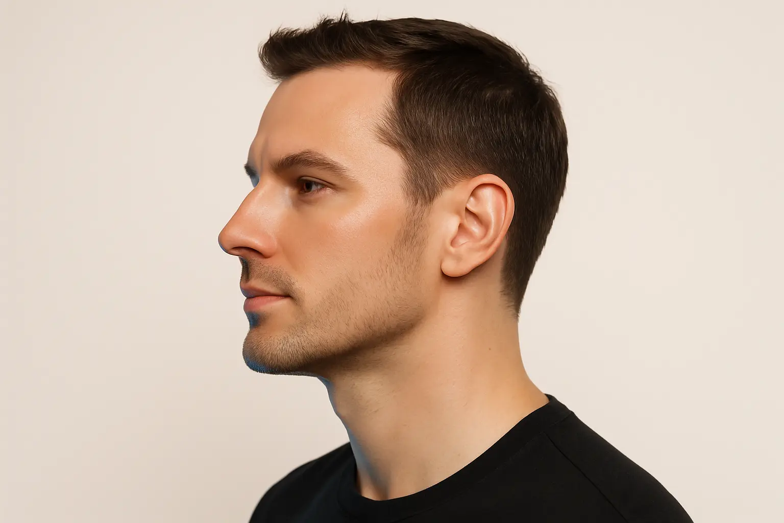 Side profile photo of an adult with enhanced chin and nose profile representing results of facial balancing treatments for improved facial harmony.