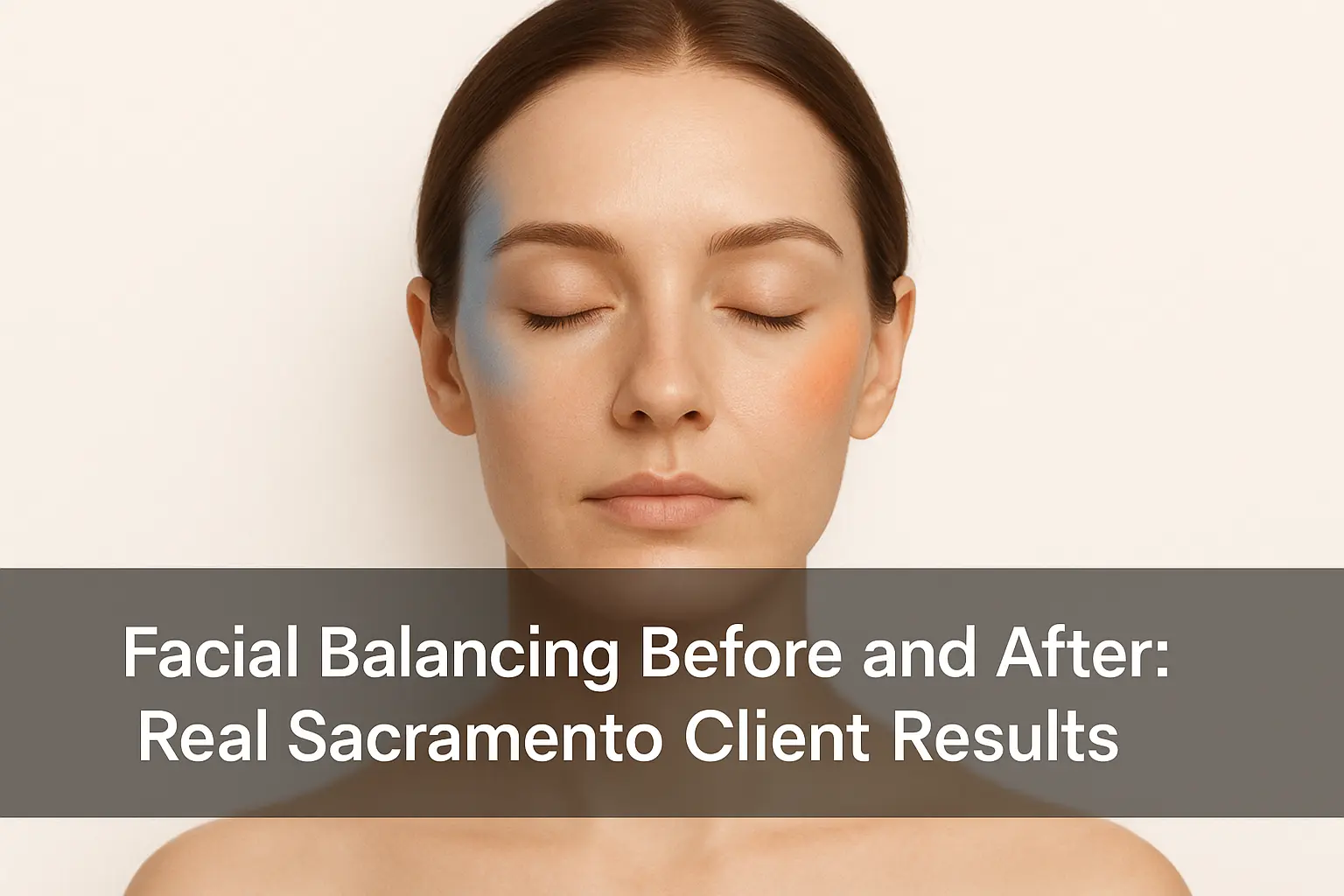 Professional thumbnail image showing upper facial area of a woman with subtle dermal filler enhancements in temples and tear troughs on a light background, including a clean text overlay banner at the bottom about facial balancing results in Sacramento.