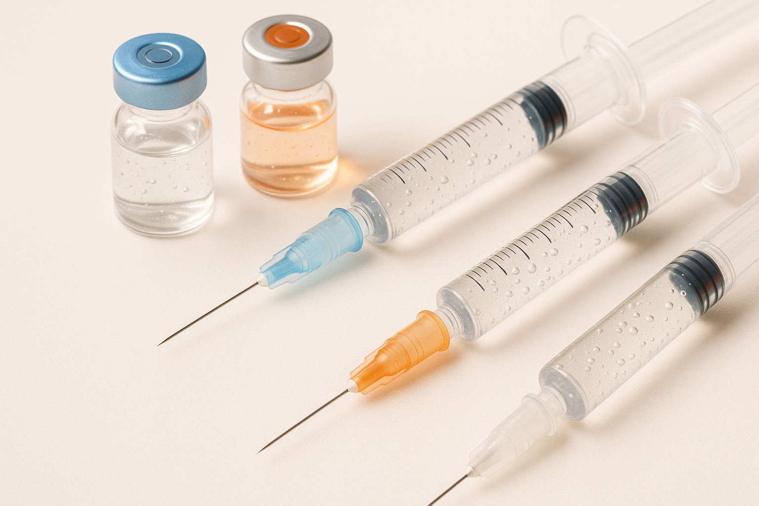 Close-up image of hyaluronic acid dermal filler syringes and vials on a clean light background representing facial filler substances used in dermal facial balancing.