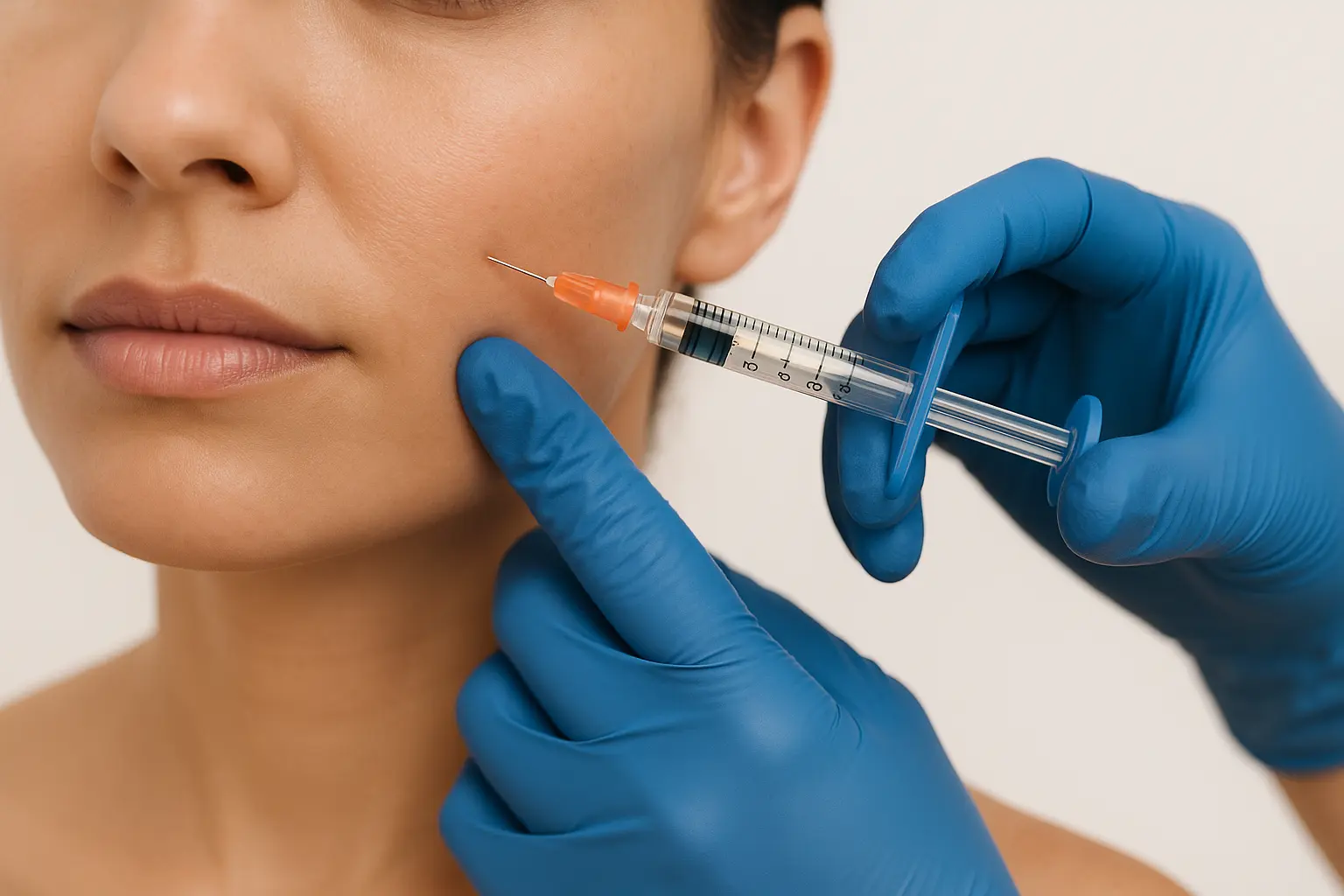 Professional photograph showing hyaluronic acid dermal filler injection on a female client's mid-face for volume restoration and facial symmetry