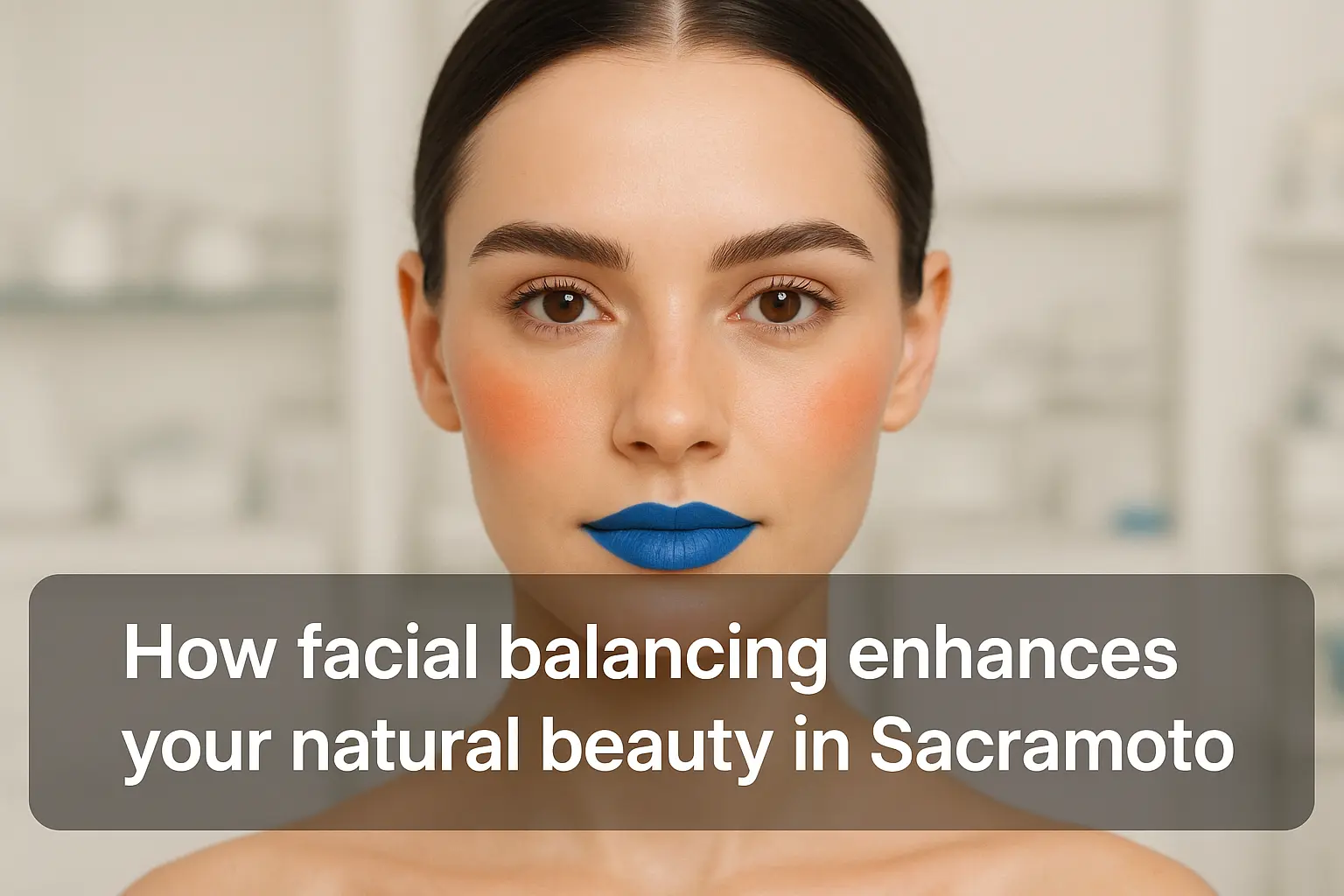 Close-up of a naturally balanced and symmetrical female face with subtle dermal filler enhancements, professional clinical aesthetic background, blog thumbnail