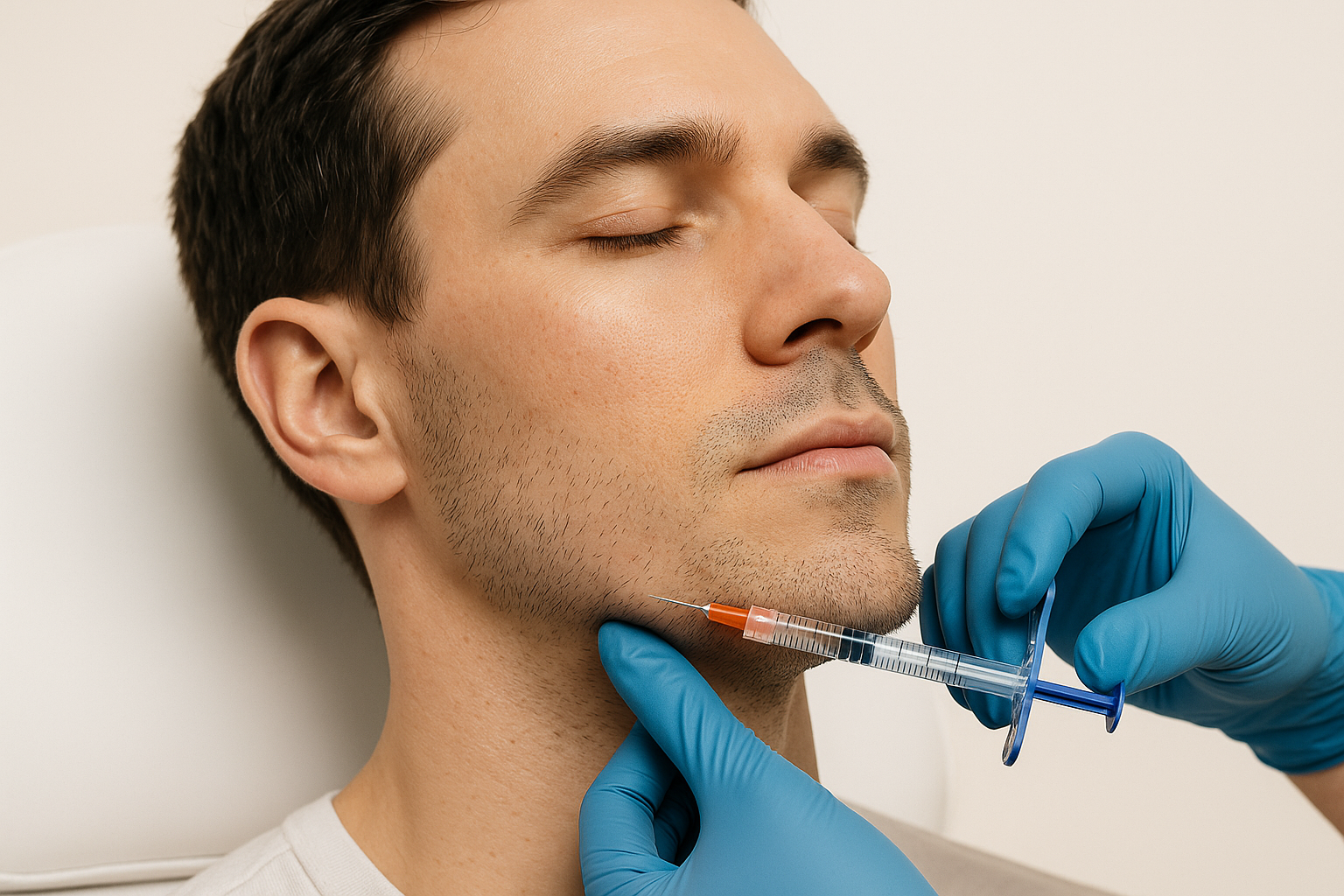 Professional image of calcium hydroxylapatite dermal filler injection along male client's jawline and chin for enhanced definition and facial balancing