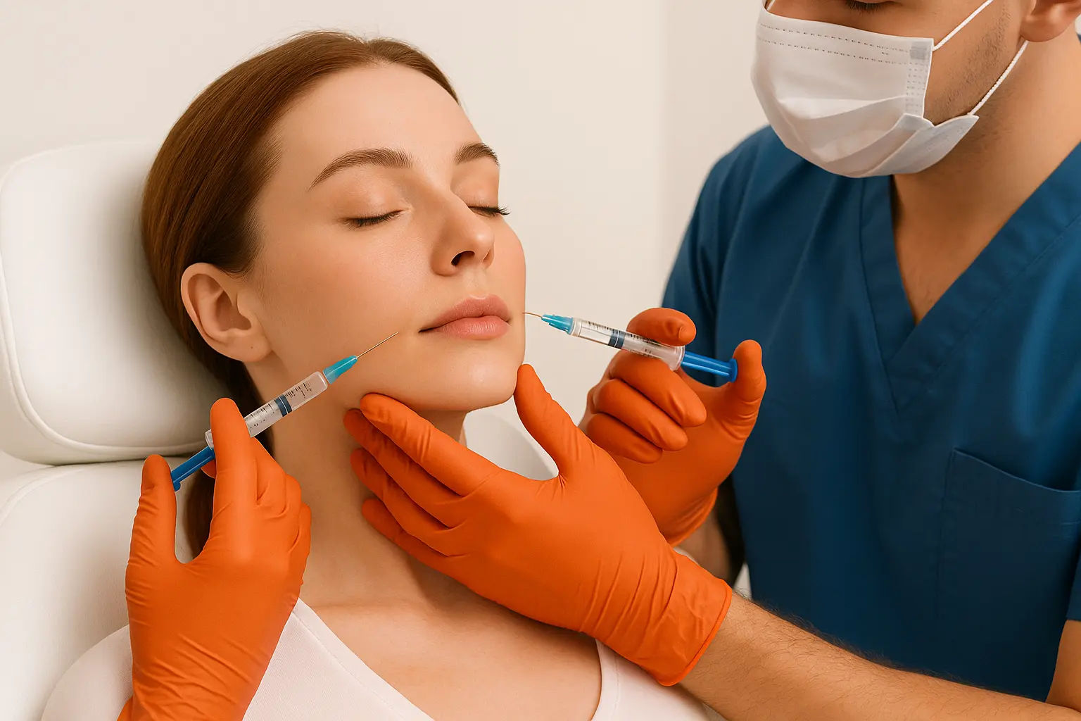 Female patient receiving dermal filler injections on cheeks and jawline in clinical setting illustrating facial balancing treatment