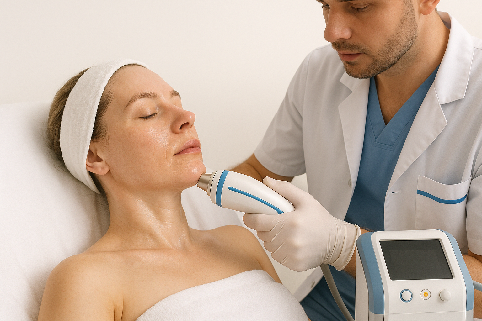 Medical practitioner performing radiofrequency skin tightening treatment on female patient's mid-face and neck to illustrate energy-based facial balancing treatments