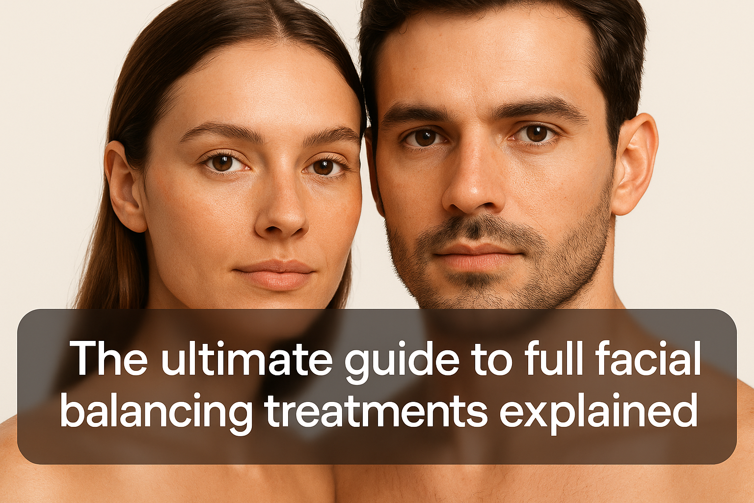 Close-up of balanced, harmonious male and female faces representing full facial balancing treatments on a clean light background with bottom text overlay