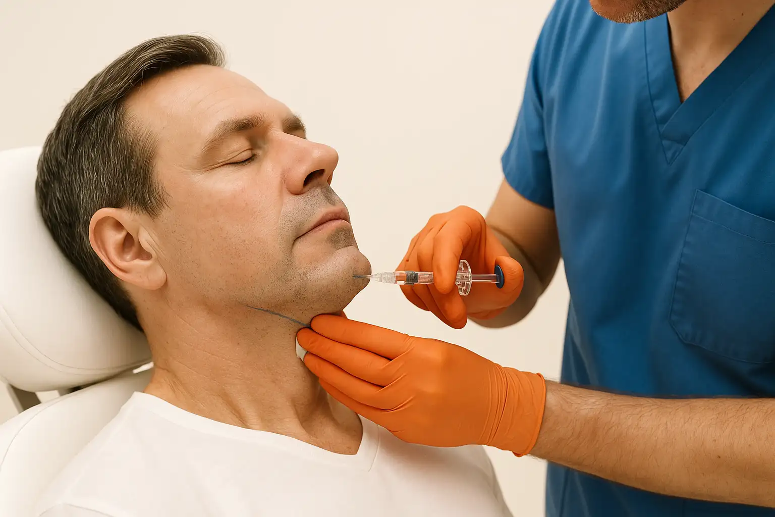 Professional photograph of a medical practitioner injecting calcium hydroxylapatite filler along the jawline and chin of a middle-aged man for facial balancing and enhancement.