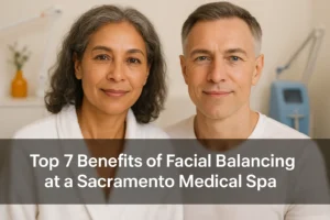 Professional close-up image of a middle-aged woman and man with balanced facial features in a medical spa setting, featuring a clean light background and a bottom overlay with the blog title about facial balancing benefits in Sacramento.