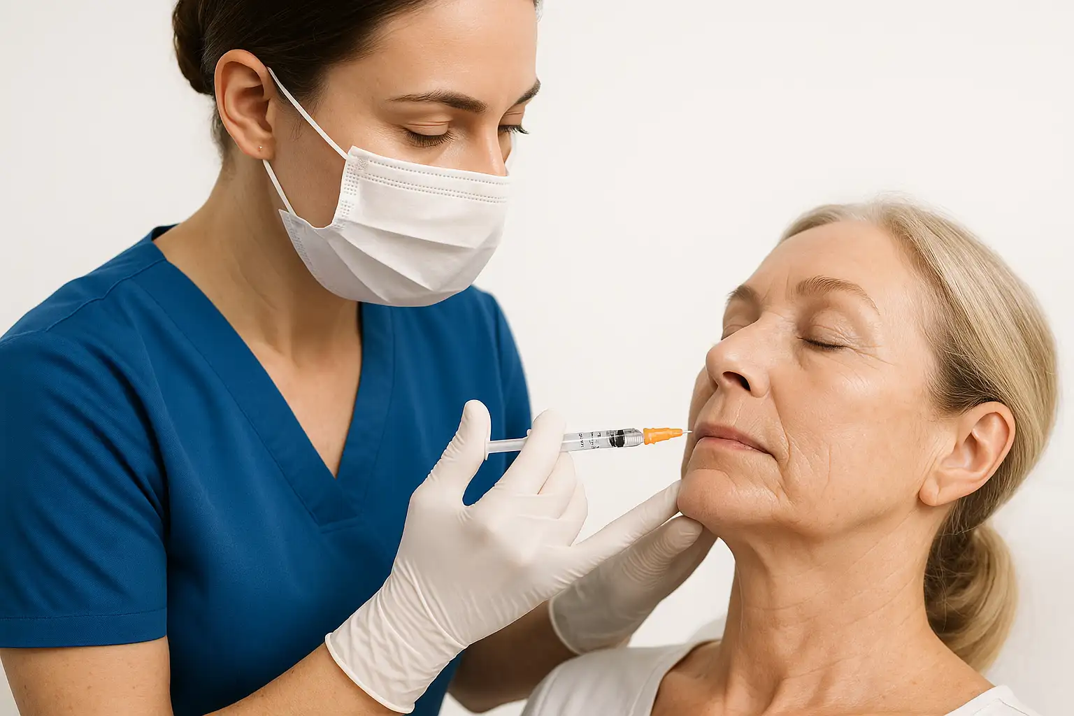 Close-up image of a medical professional administering hyaluronic acid filler injections to a mature woman's mid-face to reduce nasolabial folds, highlighting facial balancing treatment.