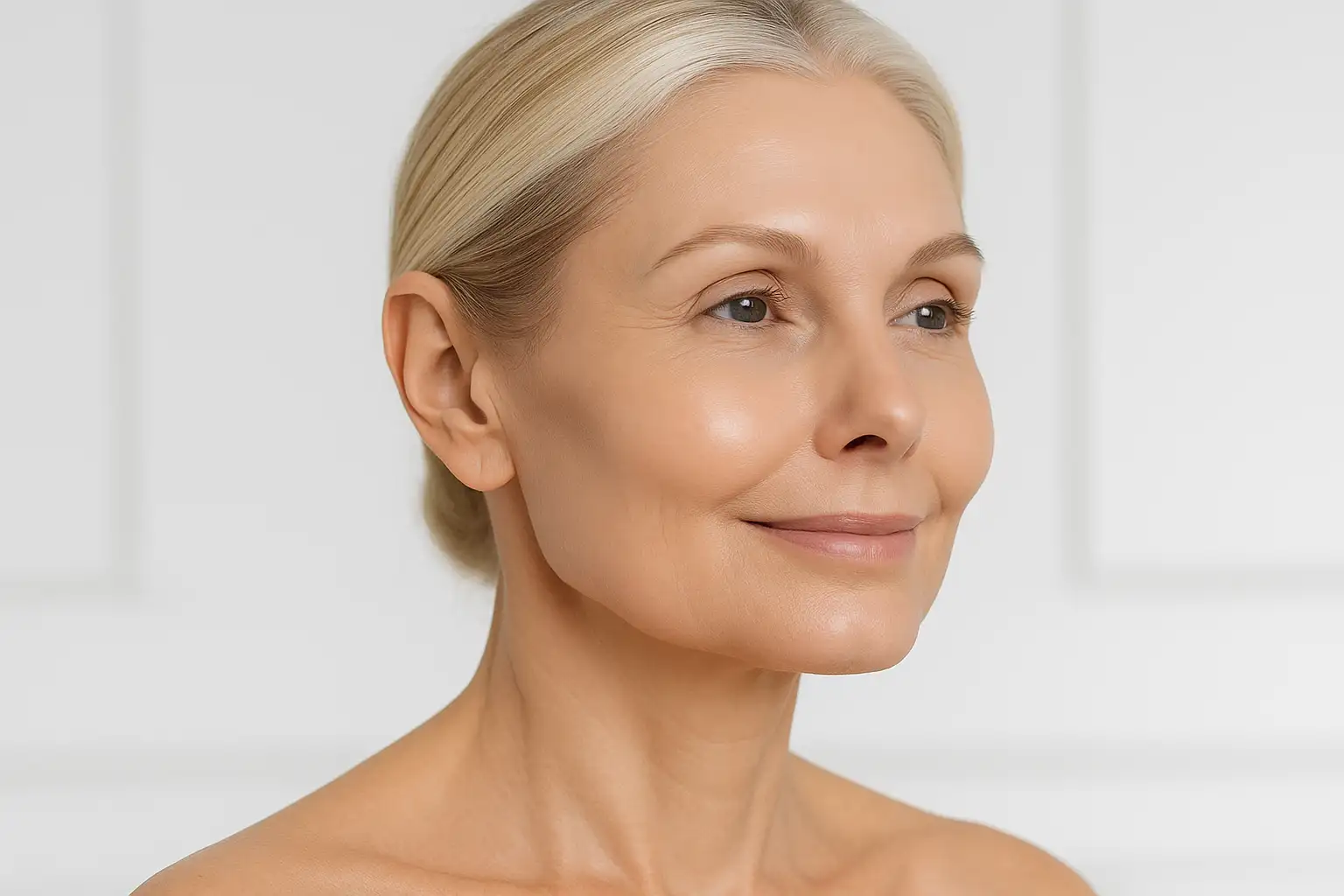 Portrait of a mature woman showing smooth contours around jawline and temples after facial balancing treatments with natural appearance.