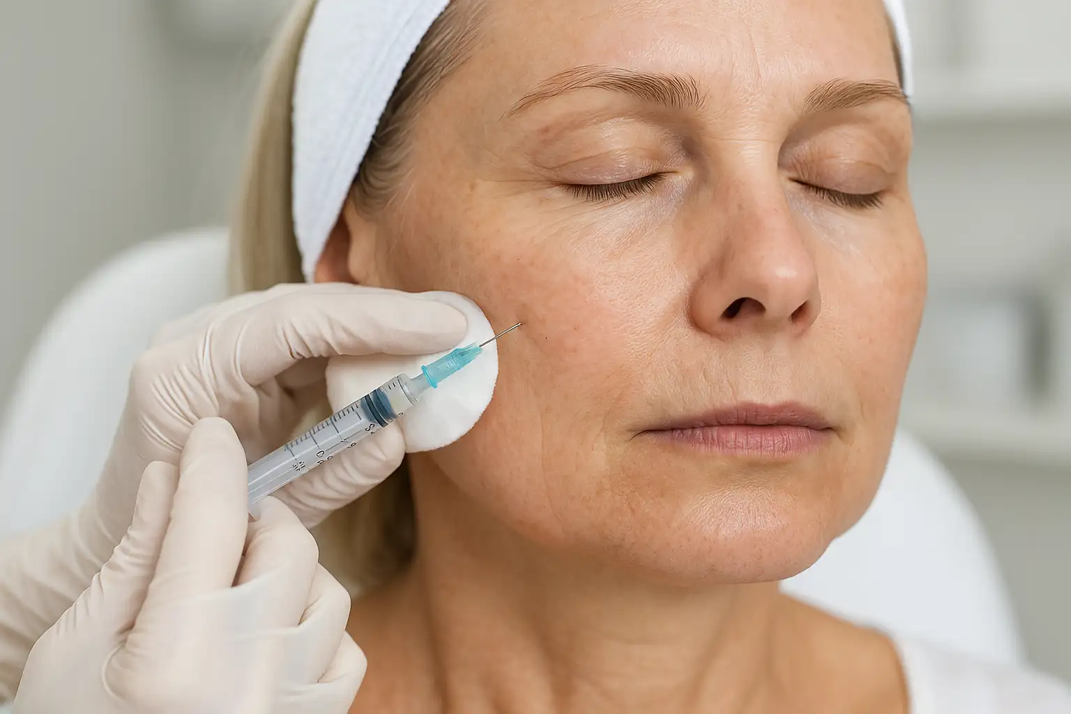 Close-up of a mature woman receiving cheek volume restoration treatment highlighting subtle improvements in mid-face contour.