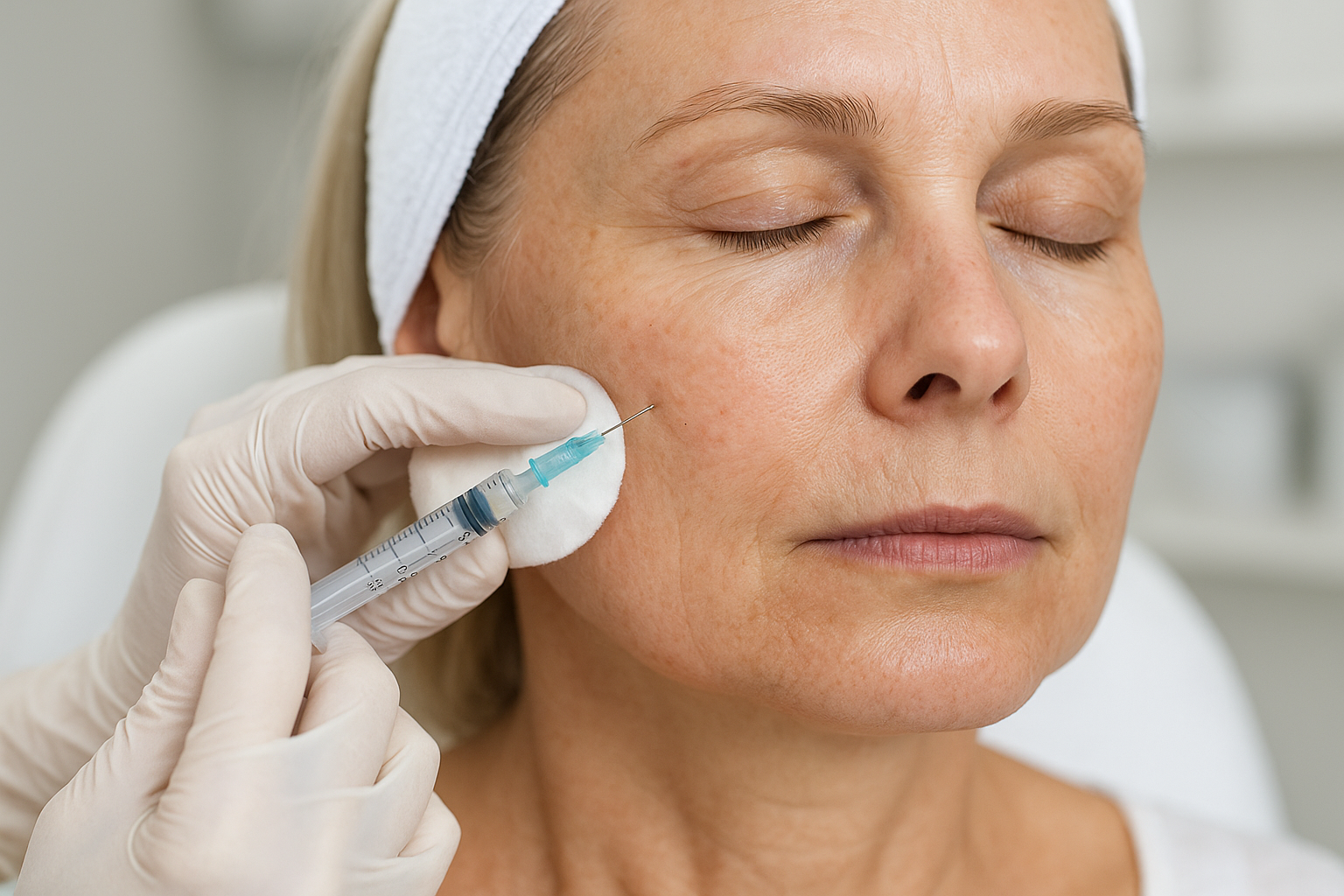 Close-up of a mature woman receiving cheek volume restoration treatment highlighting subtle improvements in mid-face contour.
