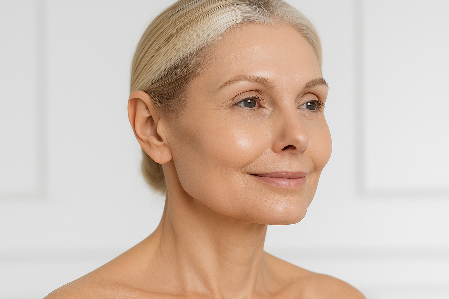 Portrait of a mature woman showing smooth contours around jawline and temples after facial balancing treatments with natural appearance.