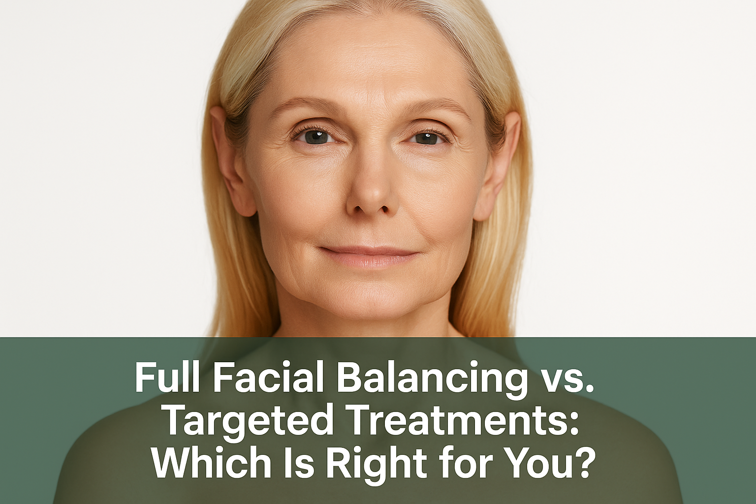 Close-up portrait of a mature woman showcasing subtle facial volume restoration and smooth contours representing full facial balancing treatment, with a professional blog title overlay at bottom.