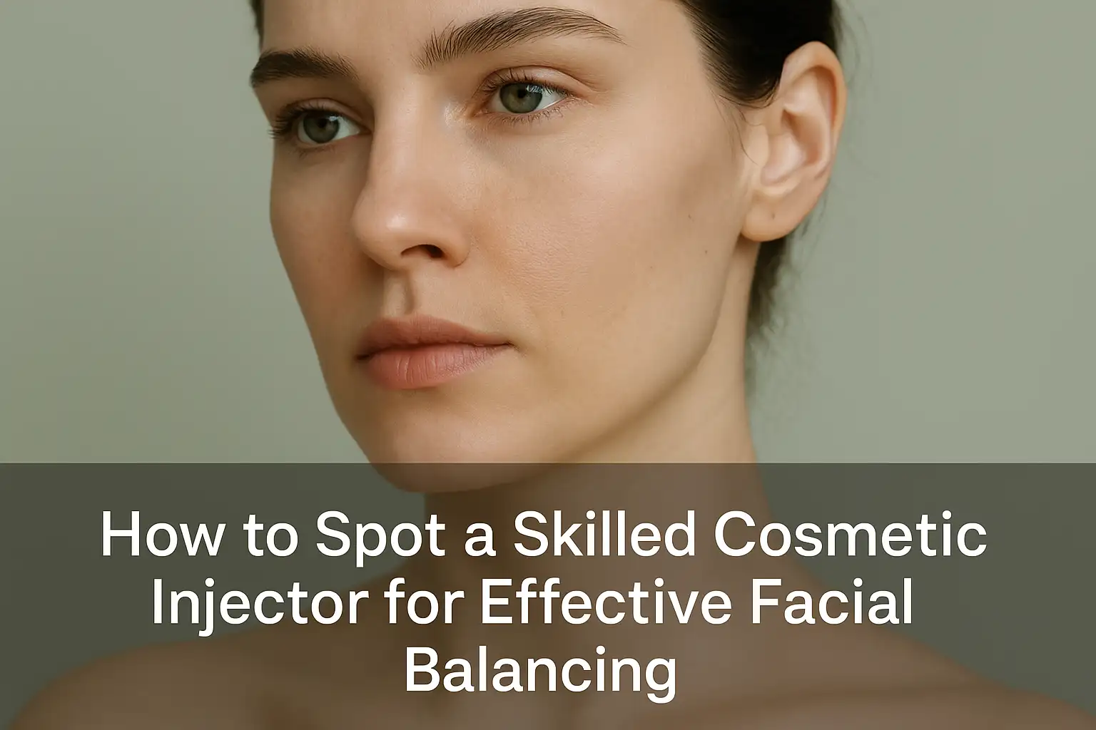 Professional close-up portrait of a woman showing facial features and skin texture with overlay text banner about spotting skilled cosmetic injectors for facial balancing