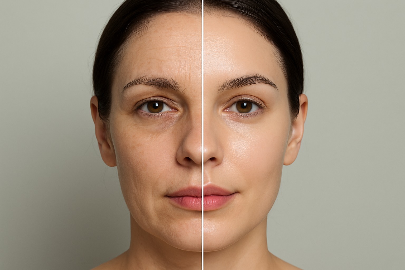Before and after facial treatment comparison showing improved skin smoothness and glow in realistic clinical setting