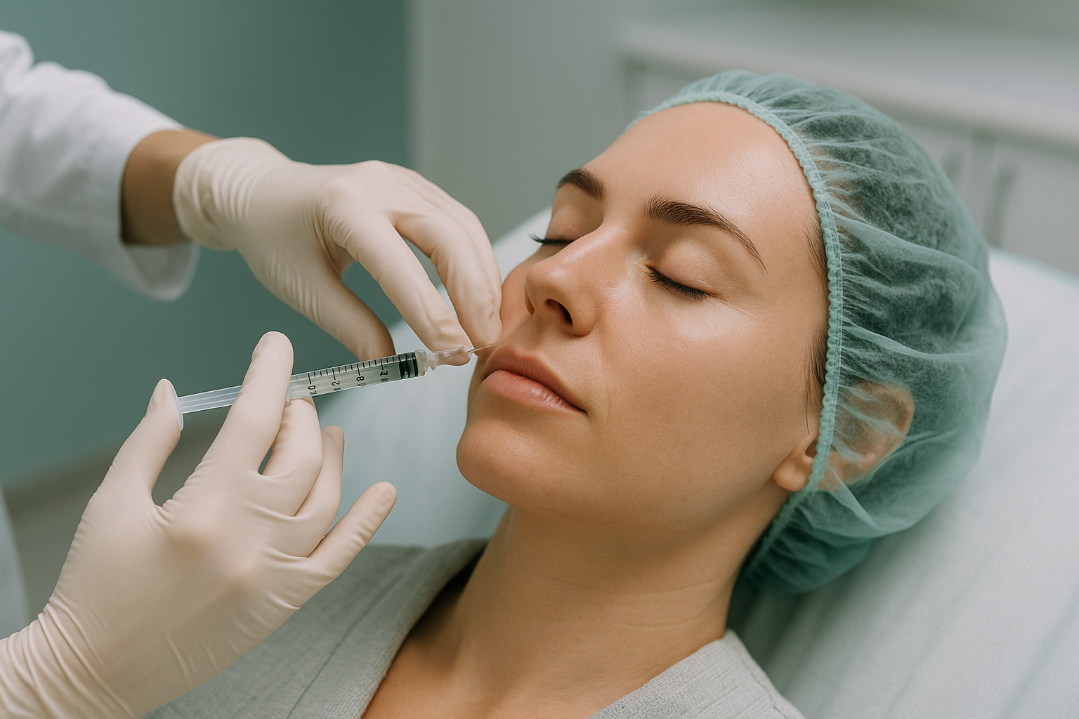 Close-up of cosmetic injector administering facial injection in clean clinical environment for facial balancing treatment