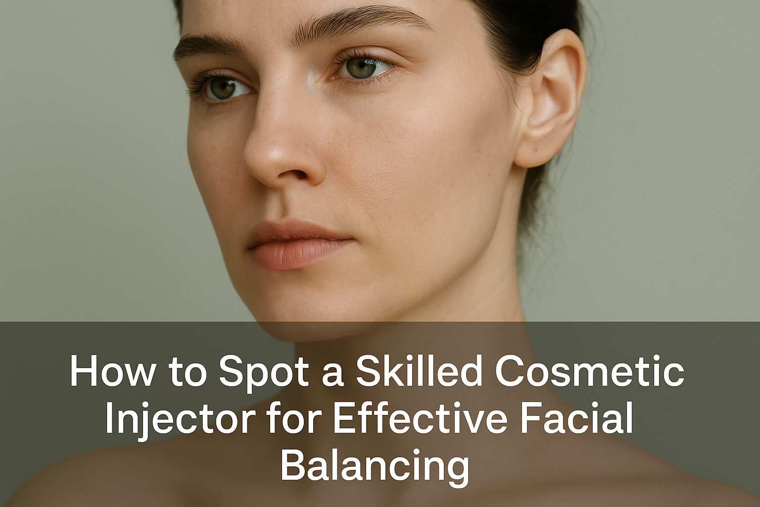 Professional close-up portrait of a woman showing facial features and skin texture with overlay text banner about spotting skilled cosmetic injectors for facial balancing