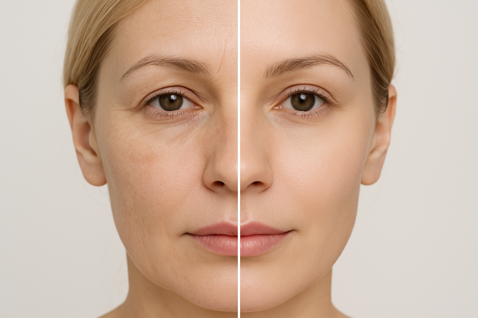 Before and after comparison of a woman’s face showing skin improvement and facial balancing after cosmetic treatment