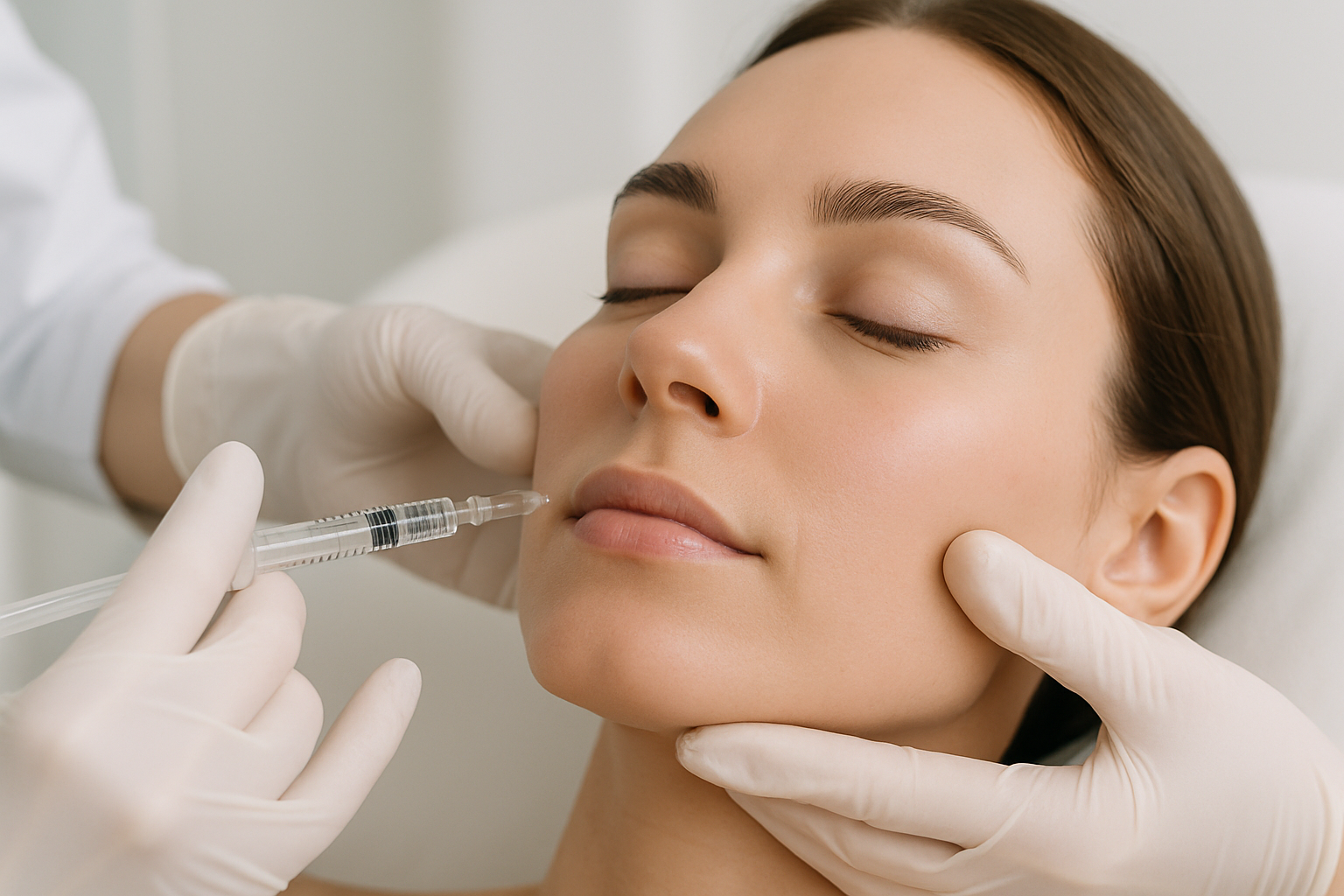 Close-up image of professional cosmetic injector performing facial treatment injection in clinical setting