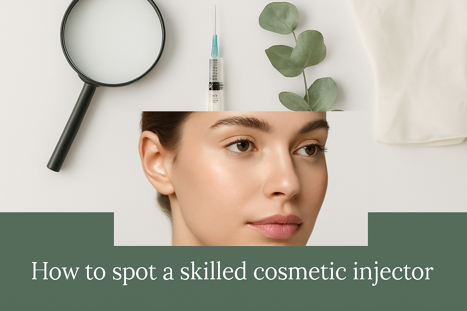 Close-up of a woman's face showcasing subtle facial balancing, with a semi-transparent bottom overlay for the blog title on green background, professional cosmetic injector theme