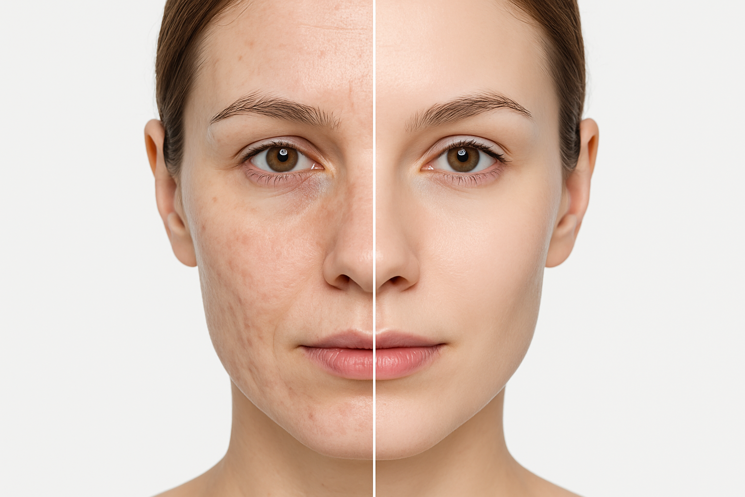Before and after comparison of a woman's face showing visible acne scars and uneven skin tone before treatment and smooth, glowing skin after treatment depicting acne scar improvement.