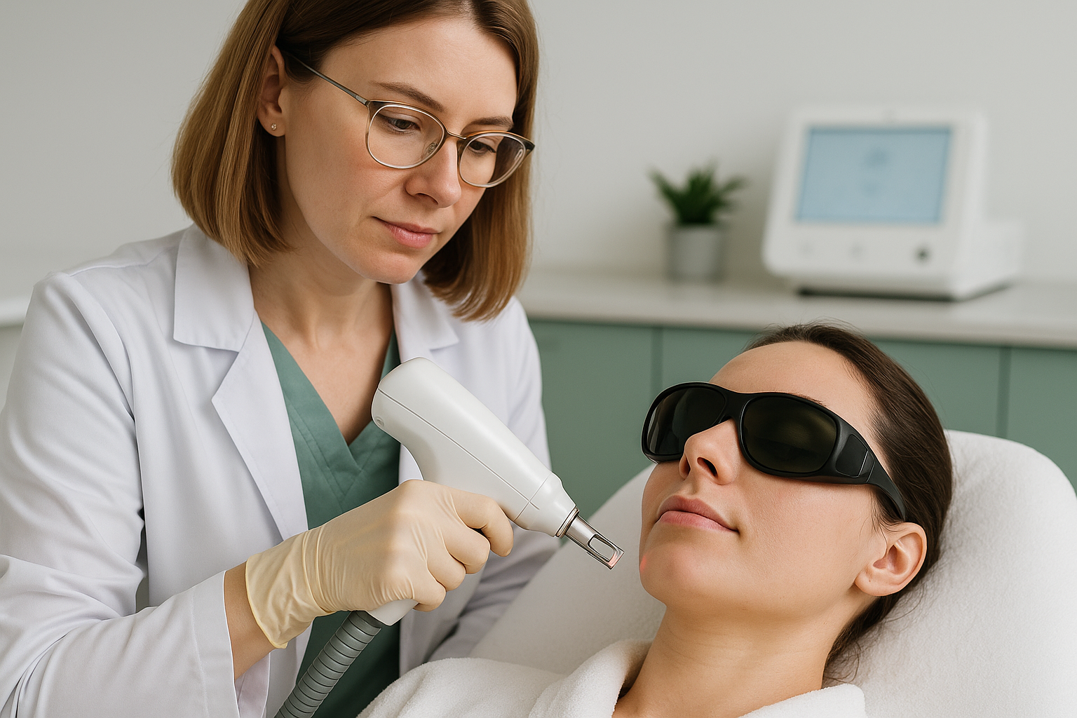 Dermatologist performing non-ablative laser acne scar treatment on patient's cheek in a modern clinical environment in Sacramento.