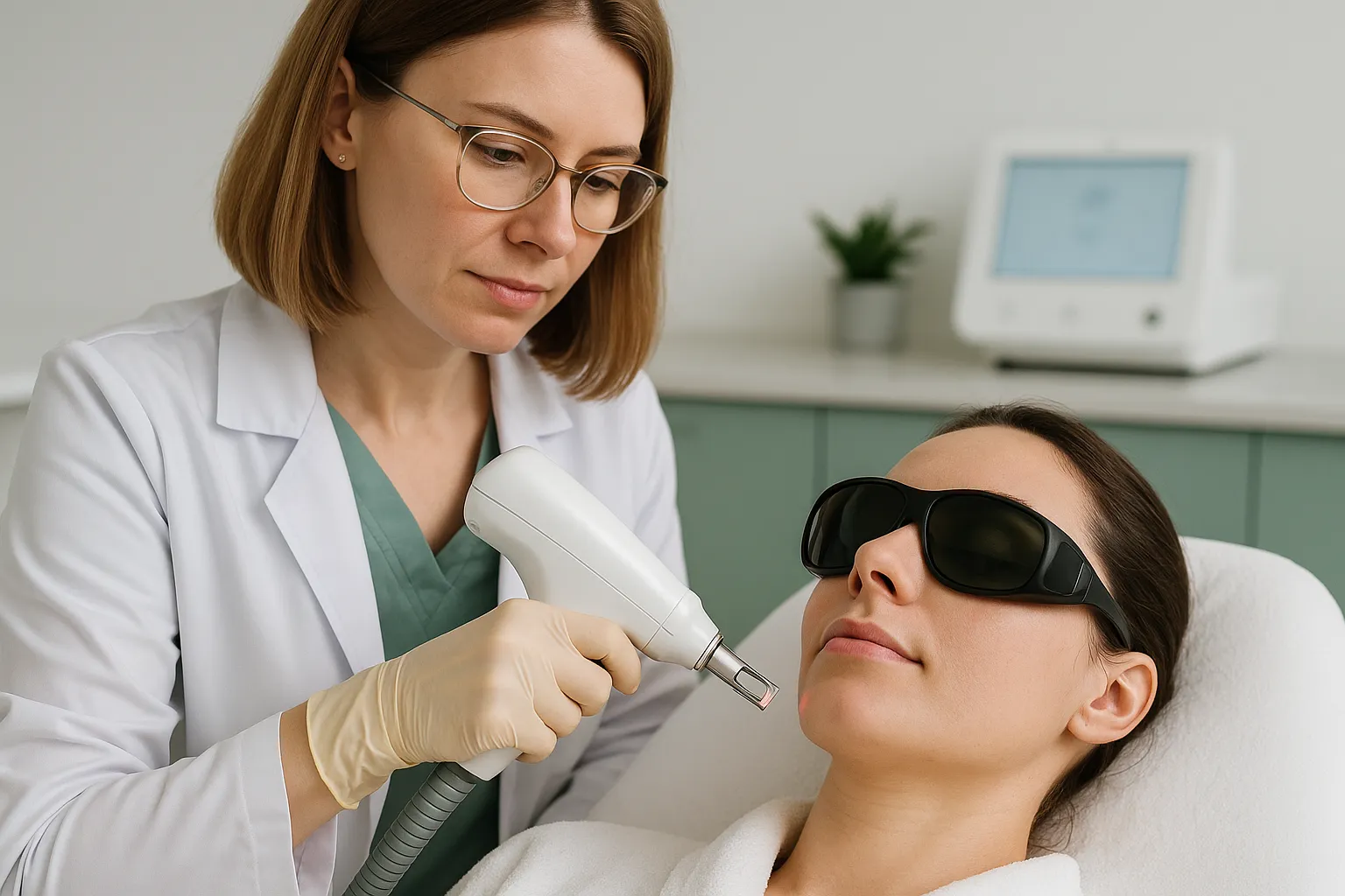 Dermatologist performing non-ablative laser acne scar treatment on patient's cheek in a modern clinical environment in Sacramento.