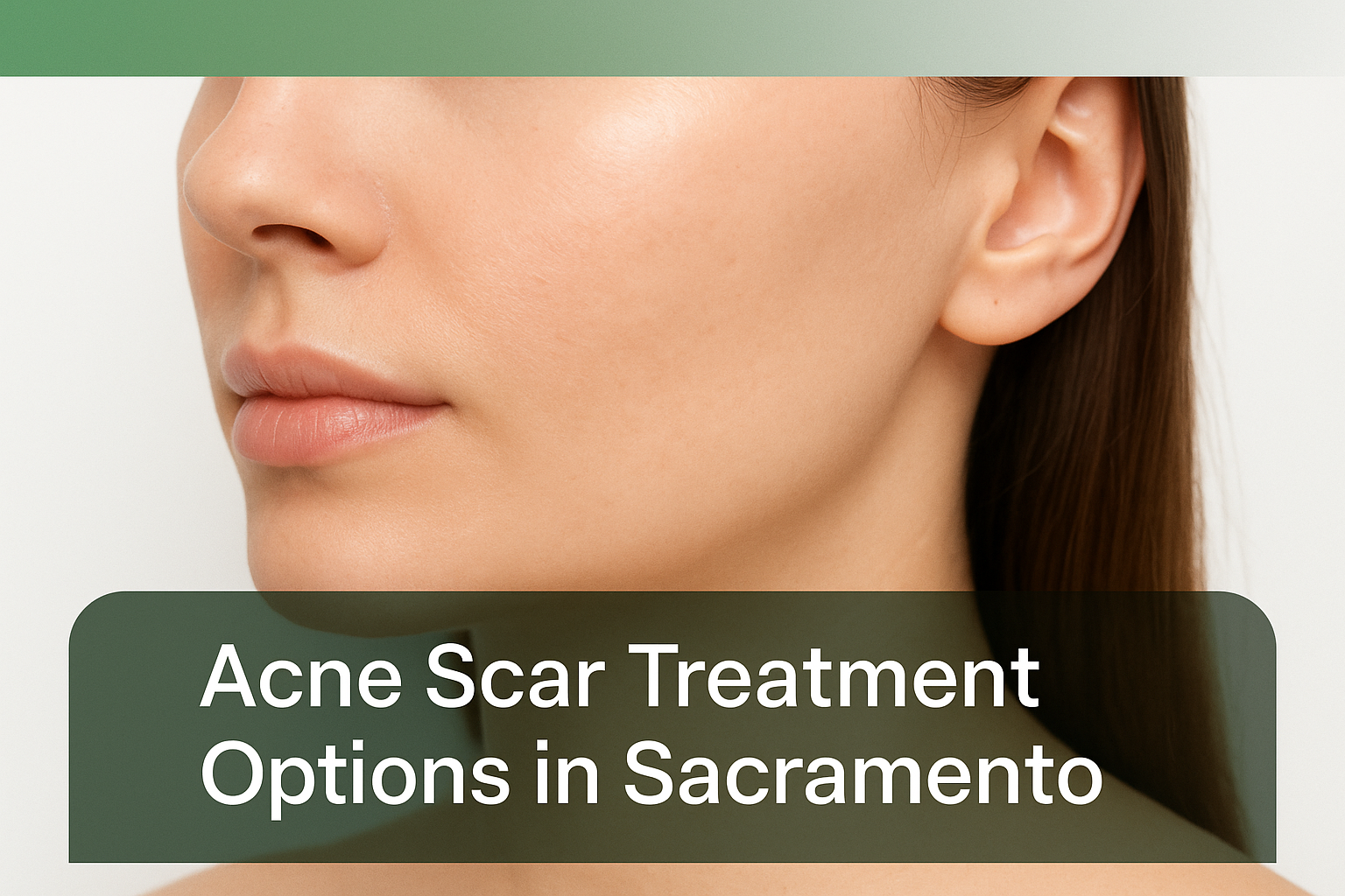 Realistic clinical close-up of a woman's cheek showing smooth and improved skin texture representing acne scar treatment in Sacramento with a clean white background and a bottom text overlay.