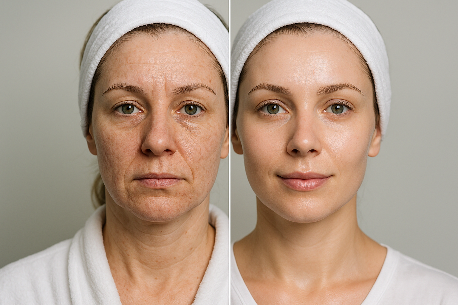 Before and after comparison photo of a woman's face showing improvement in acne scars and skin texture after microneedling treatment
