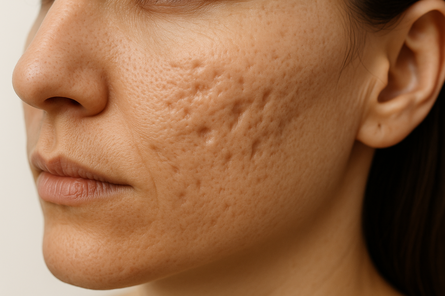 Close-up photo of atrophic acne scars including boxcar, rolling, and icepick scars illustrating microneedling suitability for various scar types