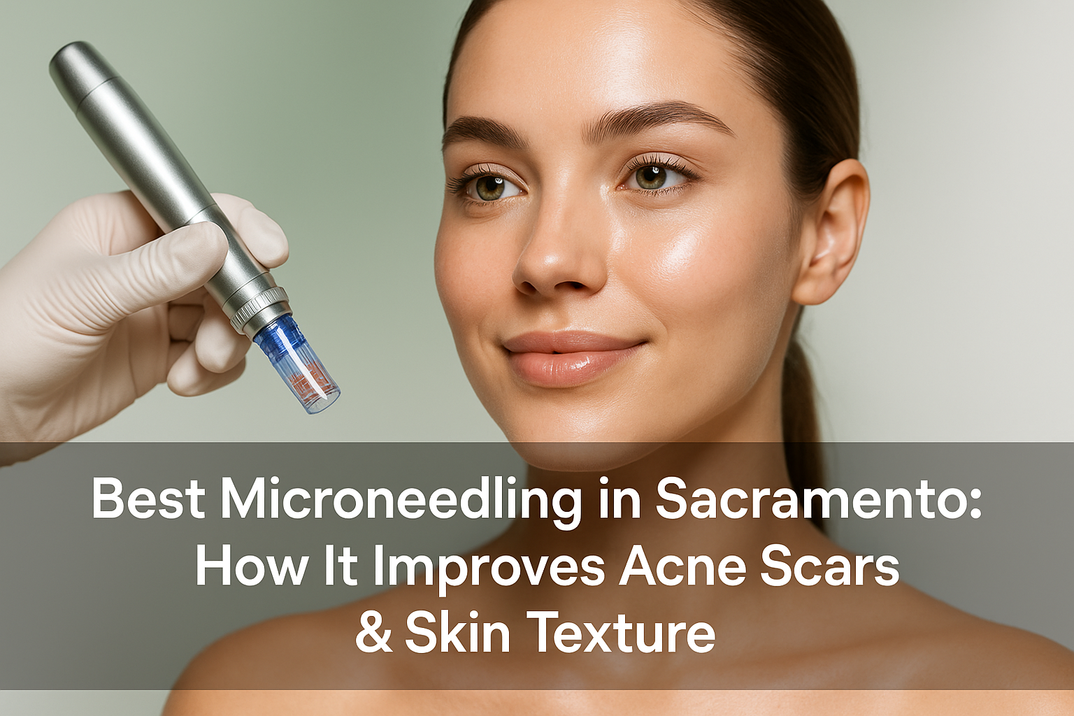Close-up of a radiant woman with smooth glowing skin representing microneedling benefits, with a professional semi-transparent dark text overlay at the bottom showing blog title in white text