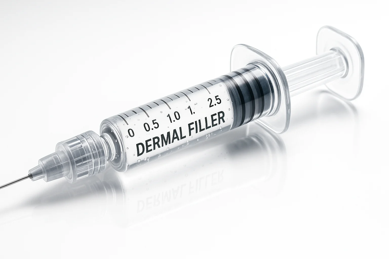 Close-up photo of a dermal filler syringe filled with clear gel on a white reflective surface.