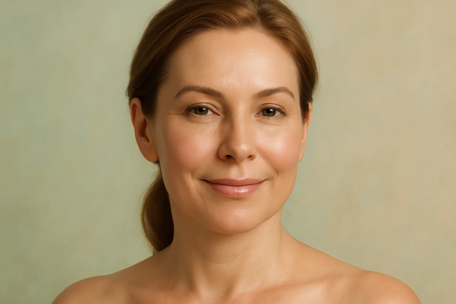 Portrait of a middle-aged woman with smooth and glowing skin, smiling gently against a soft pastel background.