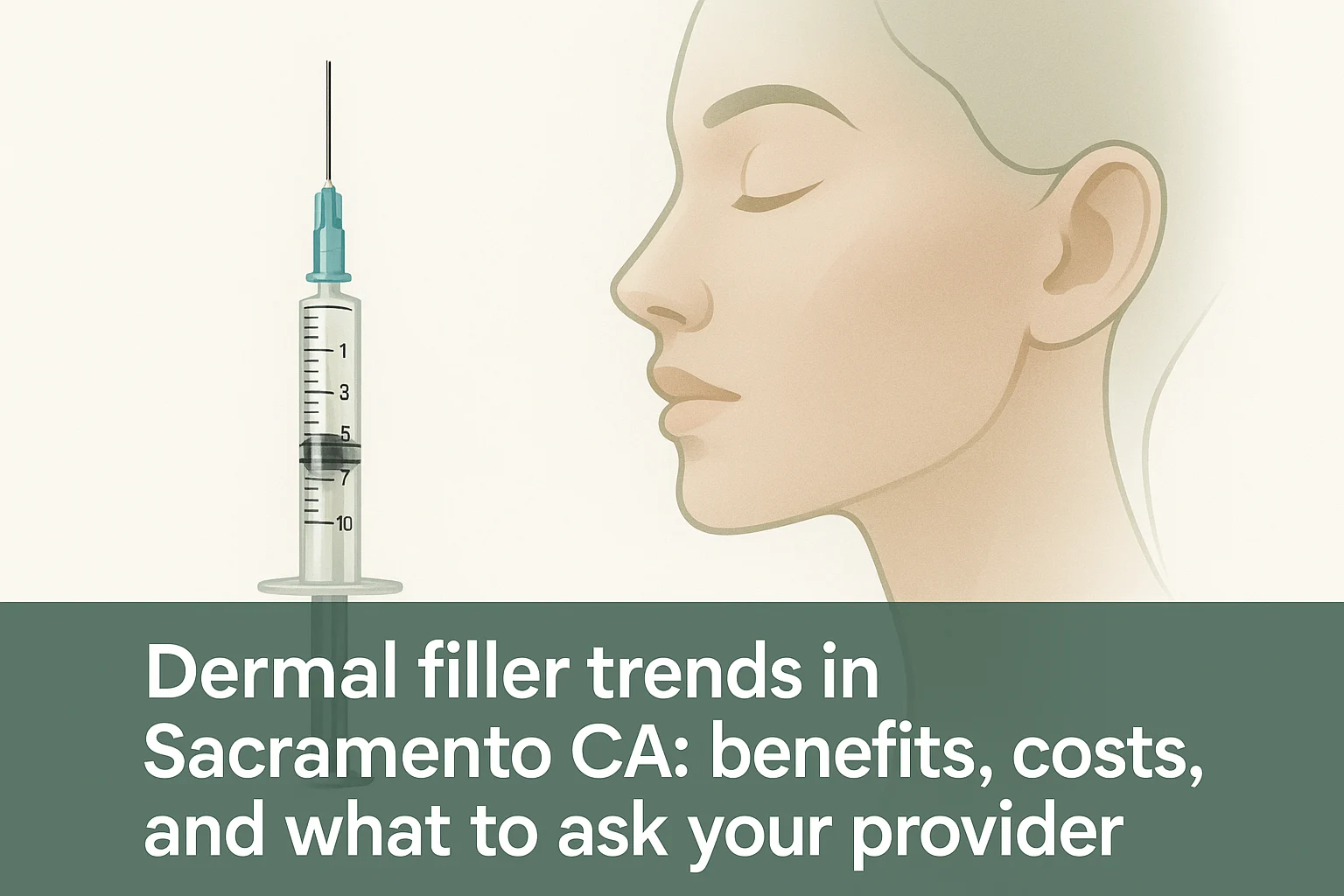 Blog thumbnail showing a dermal filler syringe next to a smooth facial outline on a clean background with a bottom transparent overlay banner featuring the blog title text in white, representing dermal filler trends in Sacramento CA.