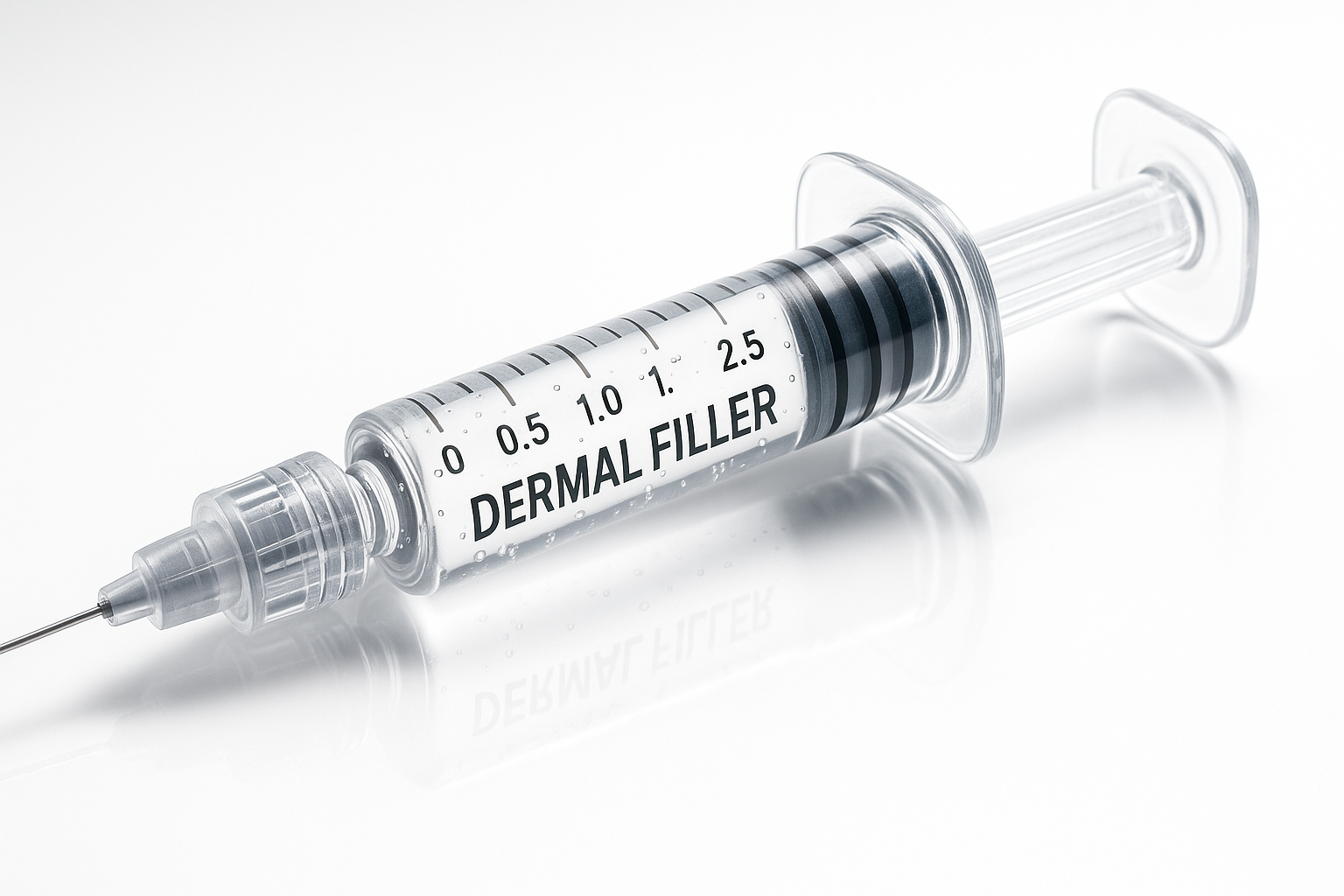 Close-up photo of a dermal filler syringe filled with clear gel on a white reflective surface.
