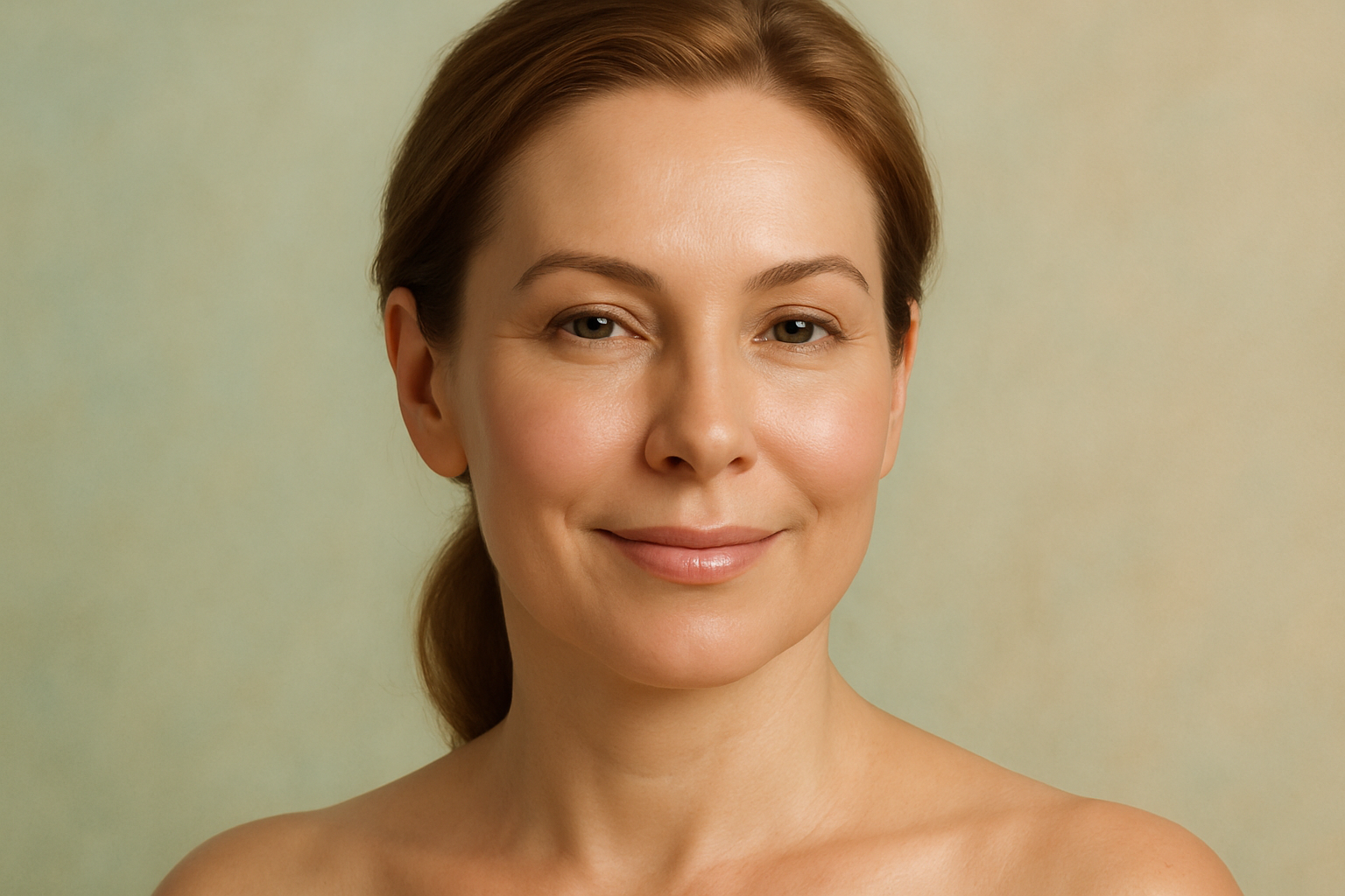 Portrait of a middle-aged woman with smooth and glowing skin, smiling gently against a soft pastel background.