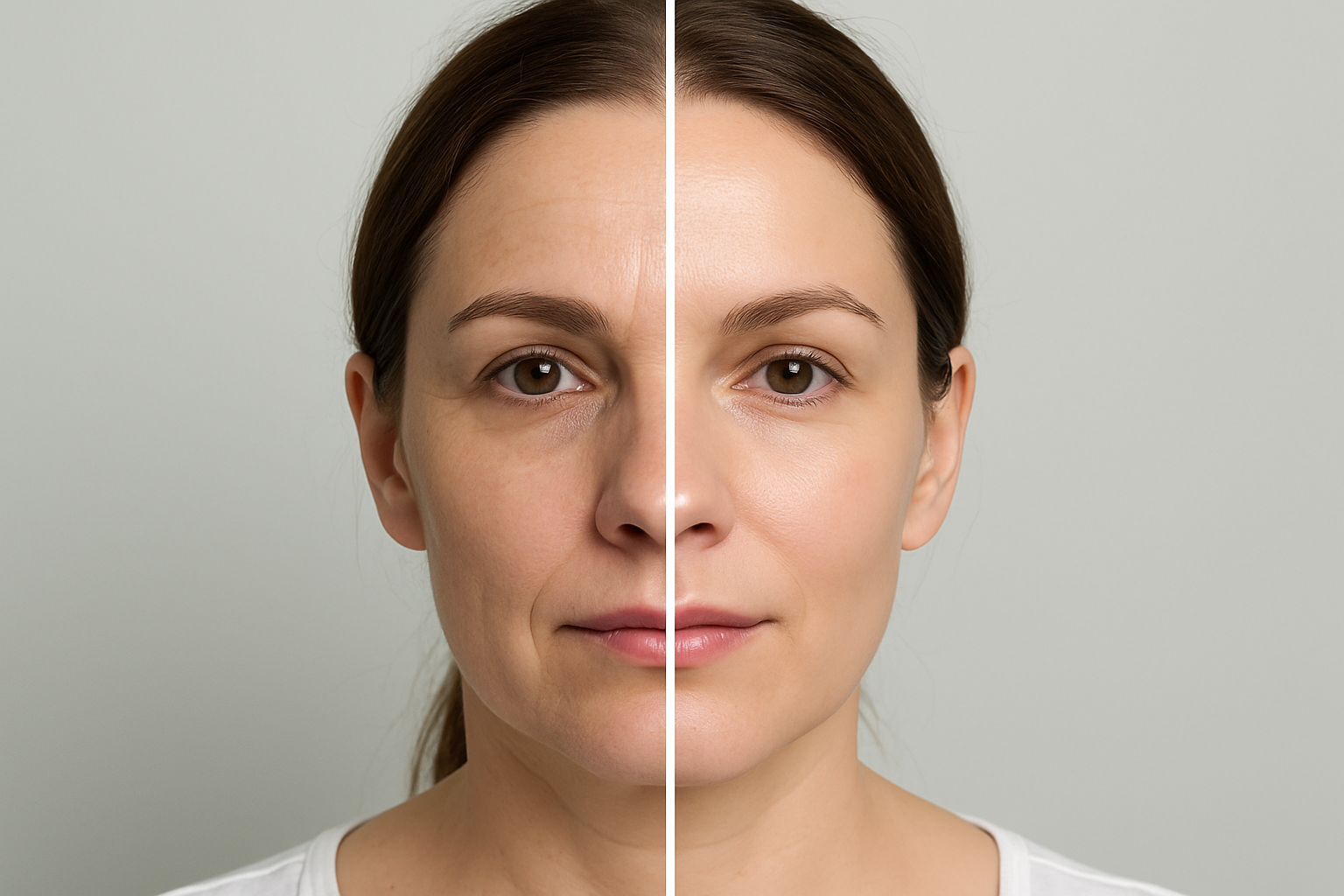 Before and after comparison of facial skin laser treatment showing improvement from dull, uneven skin to smooth and glowing skin
