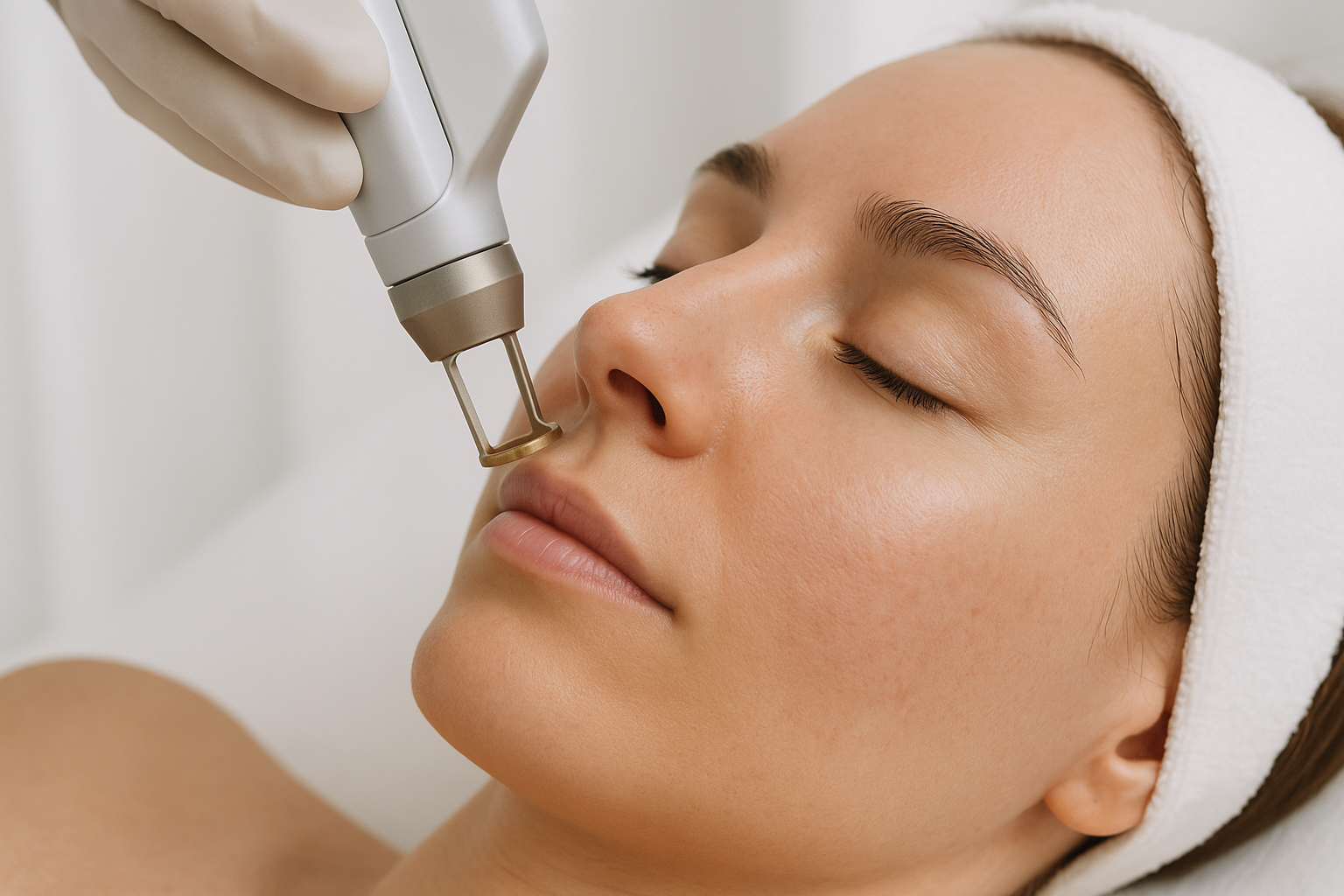 Laser skin treatment procedure being performed on a woman's face in a professional clinical spa environment
