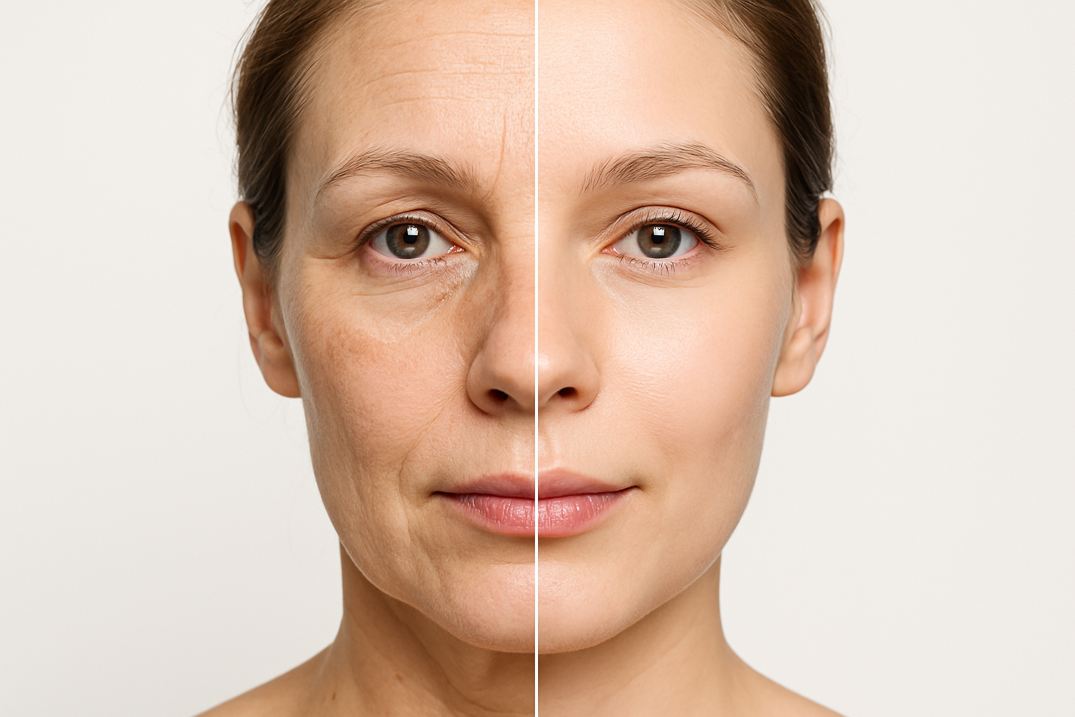 Before and after comparison of facial skin showing improvement after laser treatment with smoother and glowing skin on right side
