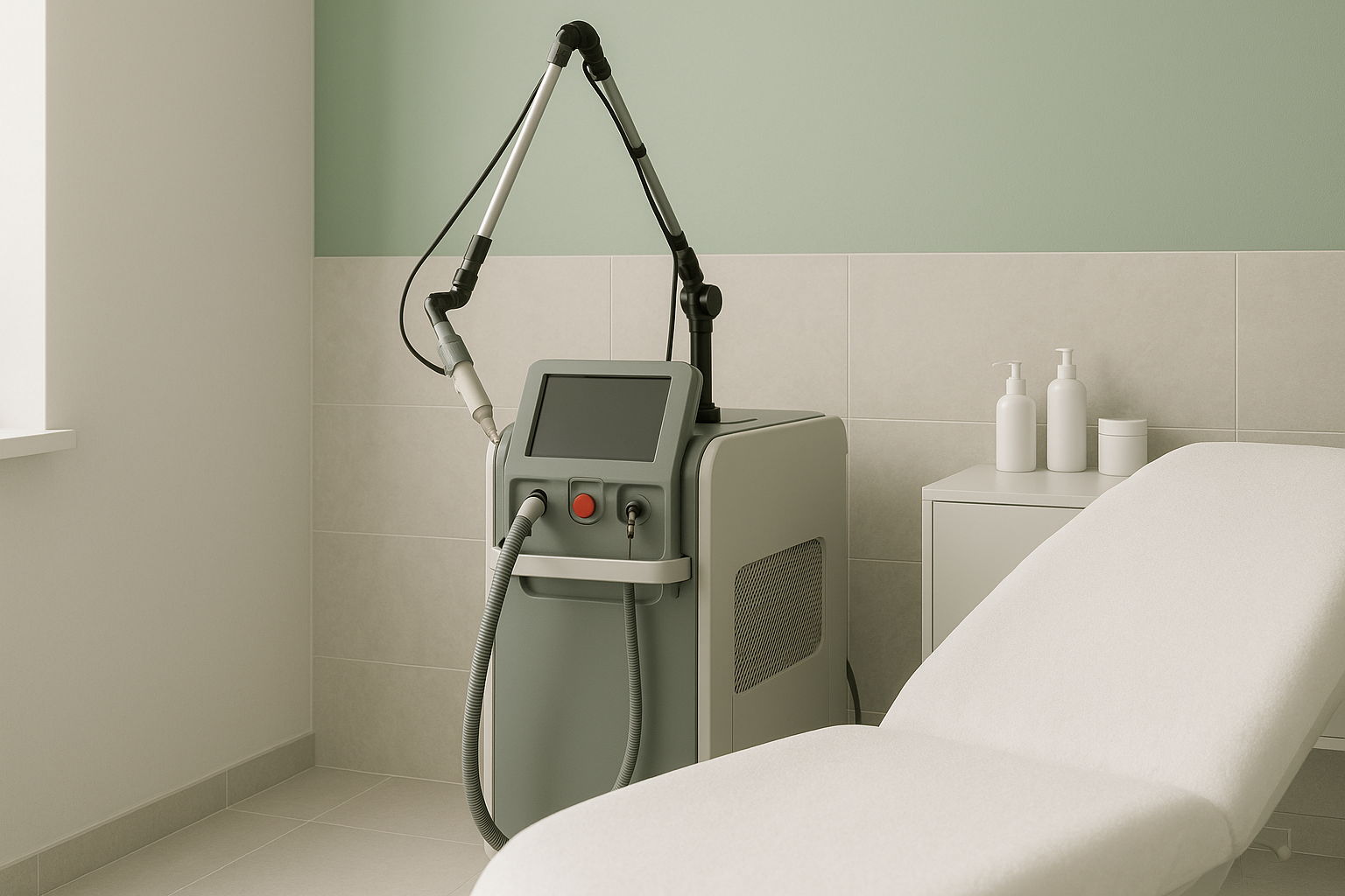 Modern medical spa treatment room equipped with advanced skin laser devices in clean bright environment