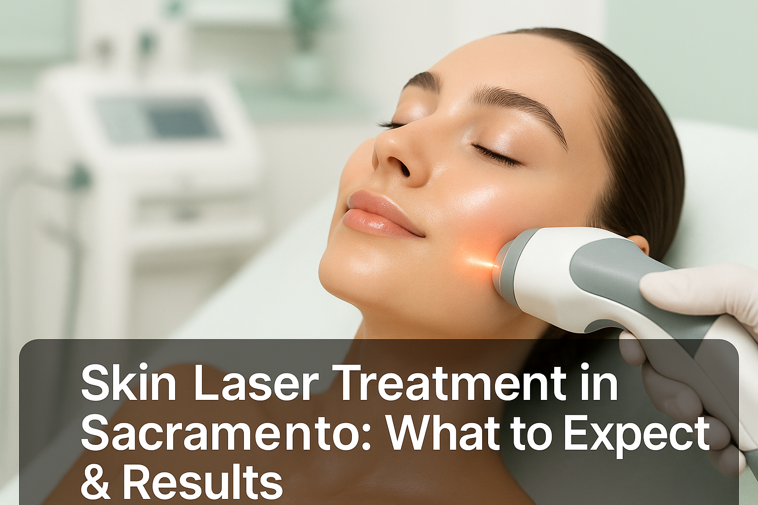 Close-up of a glowing facial skin with laser treatment light effect, professional blog thumbnail for skin laser treatment in Sacramento
