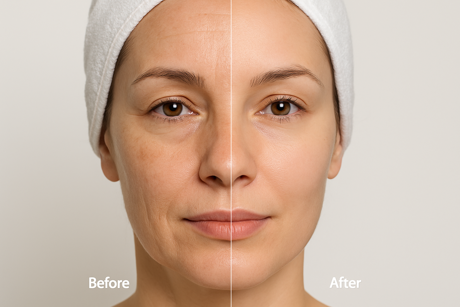 Side-by-side realistic before and after images of a woman facial skin showing improvement after laser treatment demonstrating smoother and glowing skin