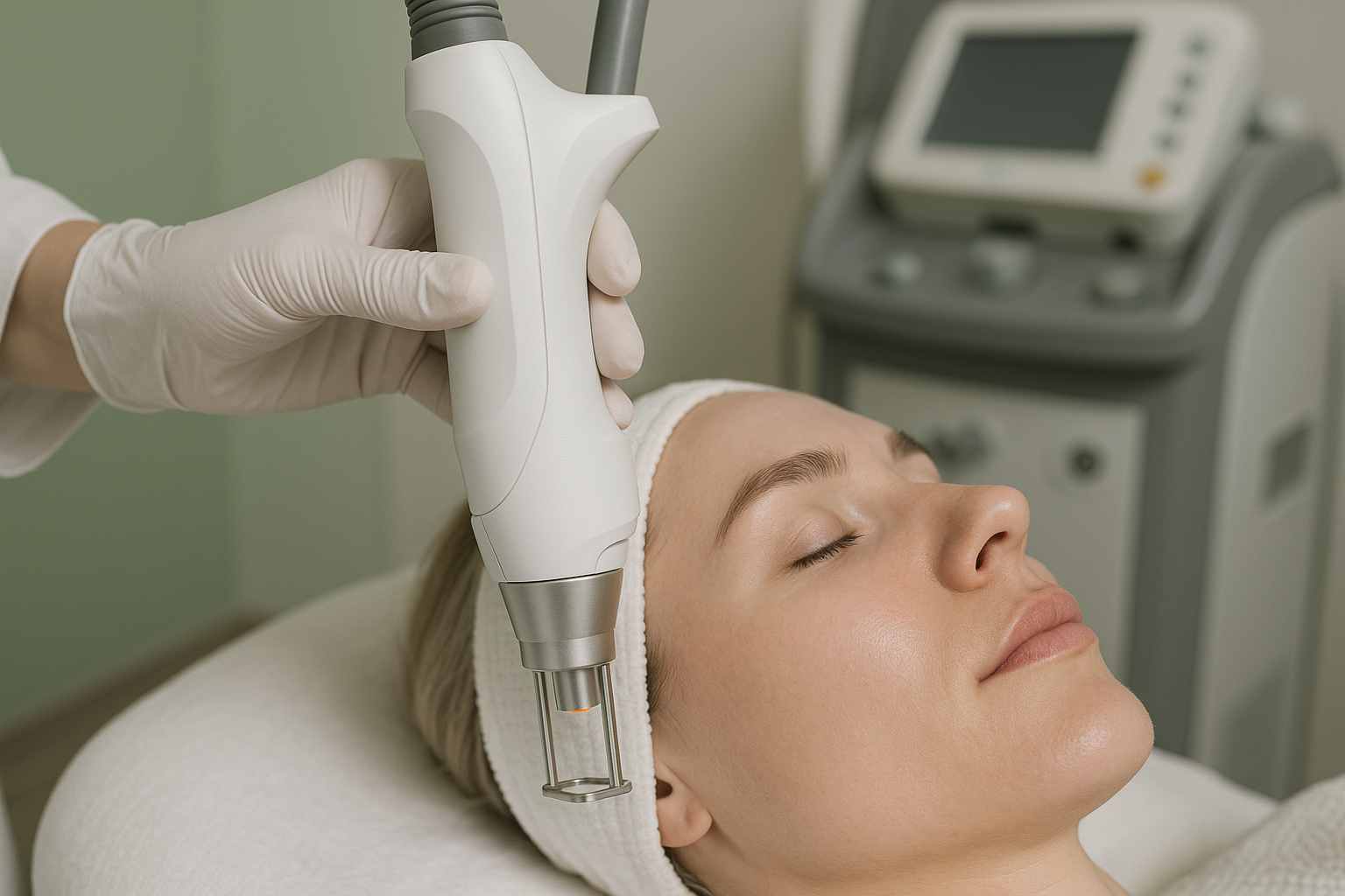 Close-up of a skin laser device in action during a facial treatment in a medical spa environment
