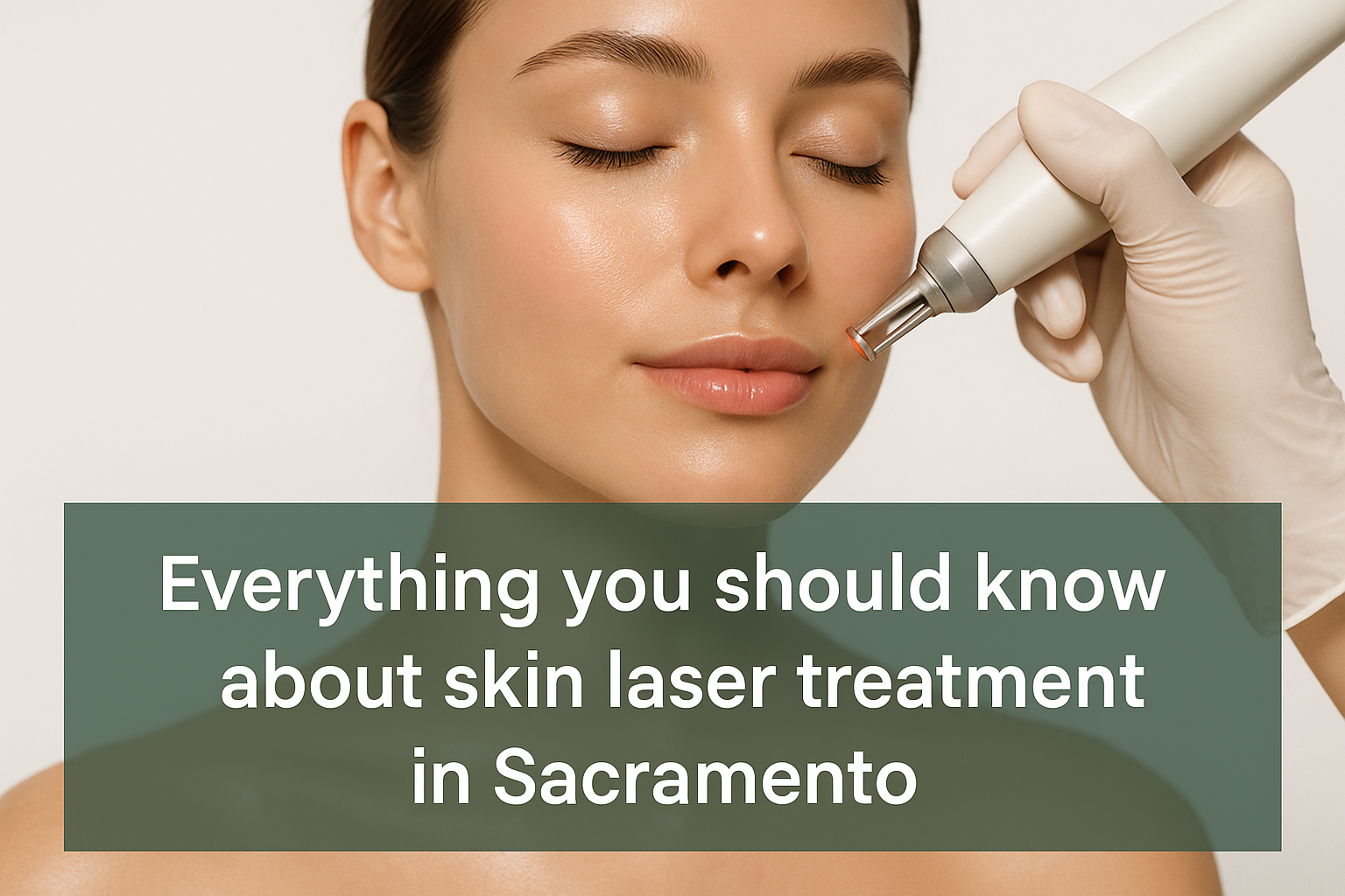 Close-up of a healthy glowing face representing skin laser treatment with a dark transparent overlay banner at the bottom reading skin laser treatment blog headline