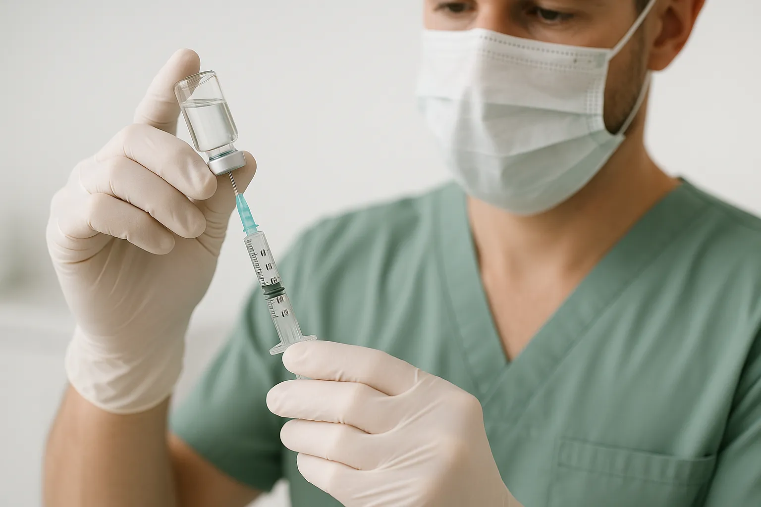 Close-up of medical professional preparing Botox injection in sterile clinical environment emphasizing professionalism and safety
