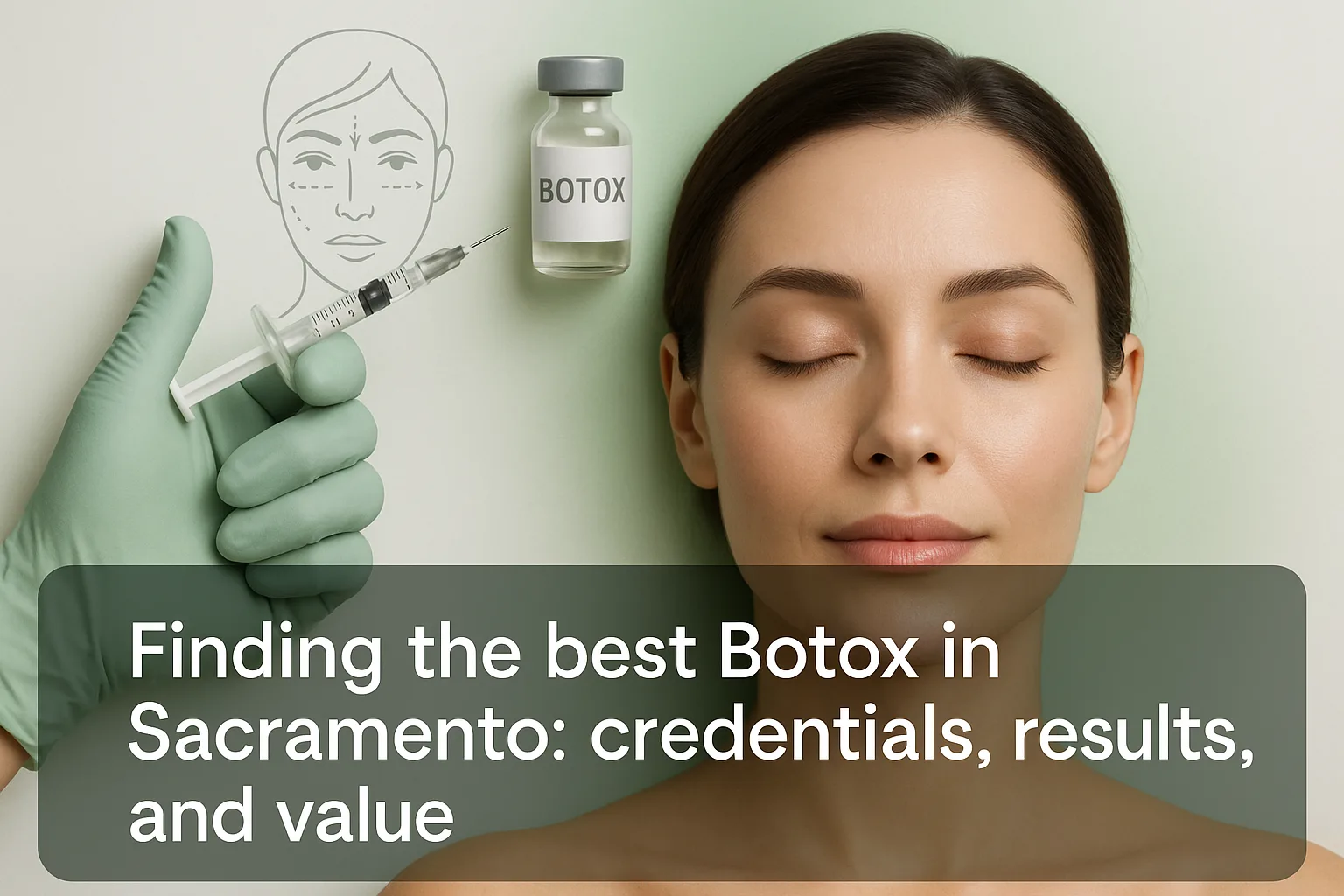 Professional blog thumbnail featuring a close-up of a woman's face highlighting facial aesthetics with a semi-transparent text overlay at the bottom reading about finding the best Botox in Sacramento