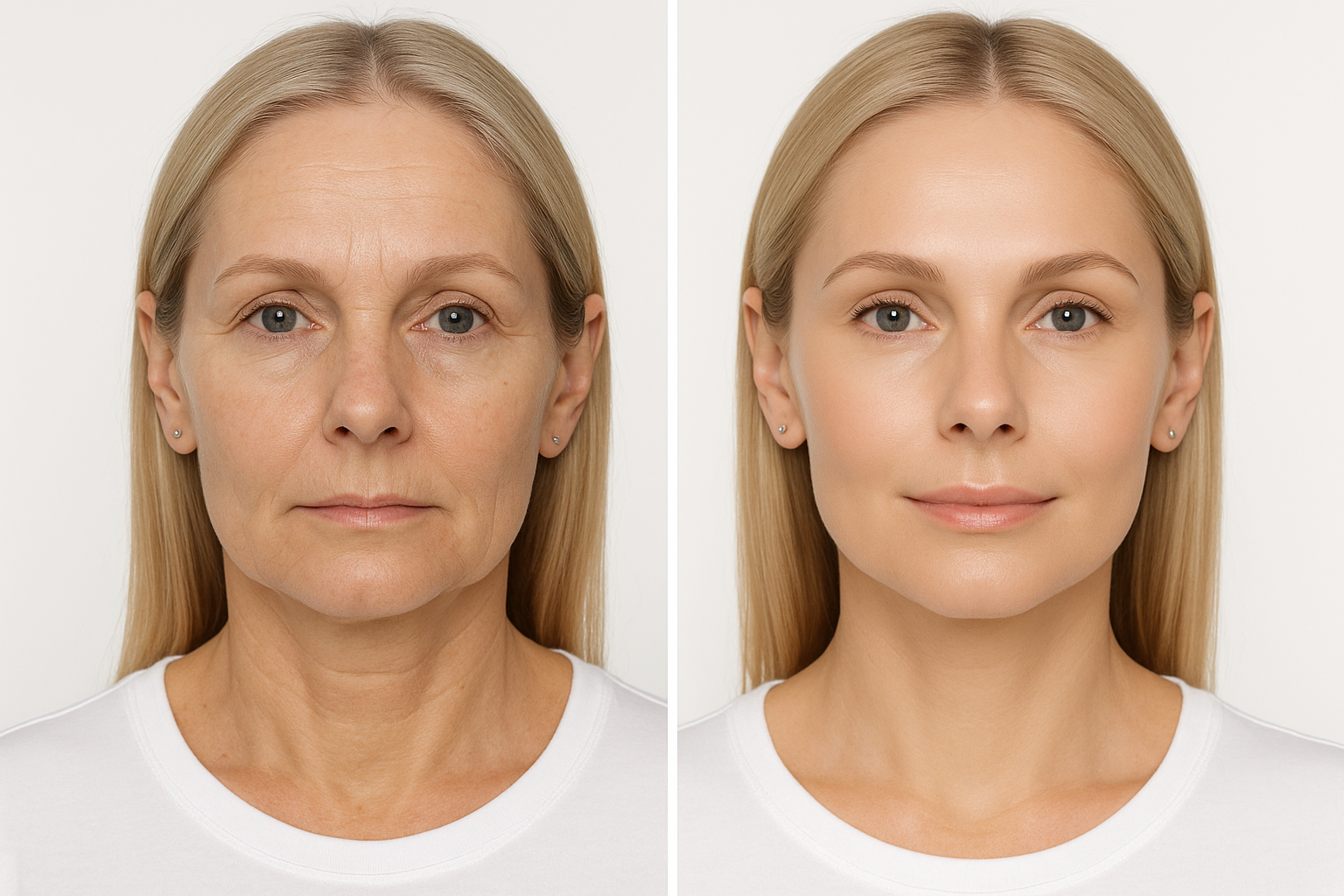 Before and after realistic clinical image showing facial skin improvement after Botox treatment with smoother skin and reduced fine lines